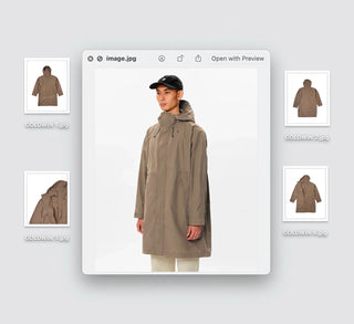 Man wearing tan hooded coat with pockets, displayed in a digital image viewer interface