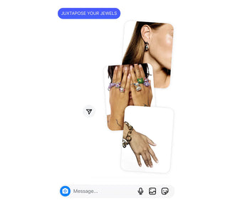 Social media style images featuring a woman with pearl earrings, colorful statement rings, and a chunky gold bracelet