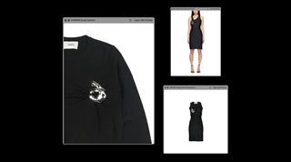 Black Coperni sweater with metallic emoji hand design and black sleeveless dress with the same emoji detail