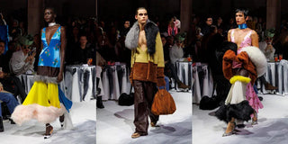 Three models on Marni FW25 runway wearing colorful, layered outfits with fur accents and bold accessories