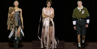 Three models on runway wearing Simone Rocha fashion: sheer black dress with fur, satin ribbon dress, and layered green and black outfit