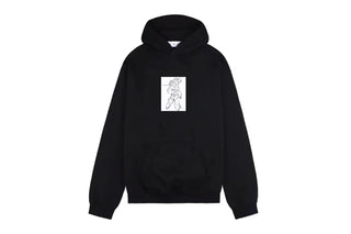 Black hoodie with a white sketch-style graphic of a cartoon character on the front
