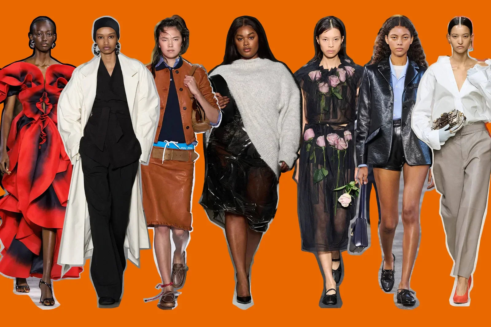 Seven diverse models showcasing 2024 fashion trends including ruffled dress, oversized coat, leather, knitwear, sheer floral, black leather blazer, and white blouse