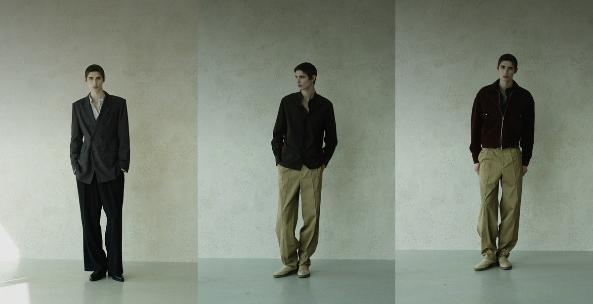 THEBALLON at VIBE TWLV — Korean designer tailoring worn on model: Eight Point Tailored Jacket, Wire Shirt and Standard Bomber Suede Jacket