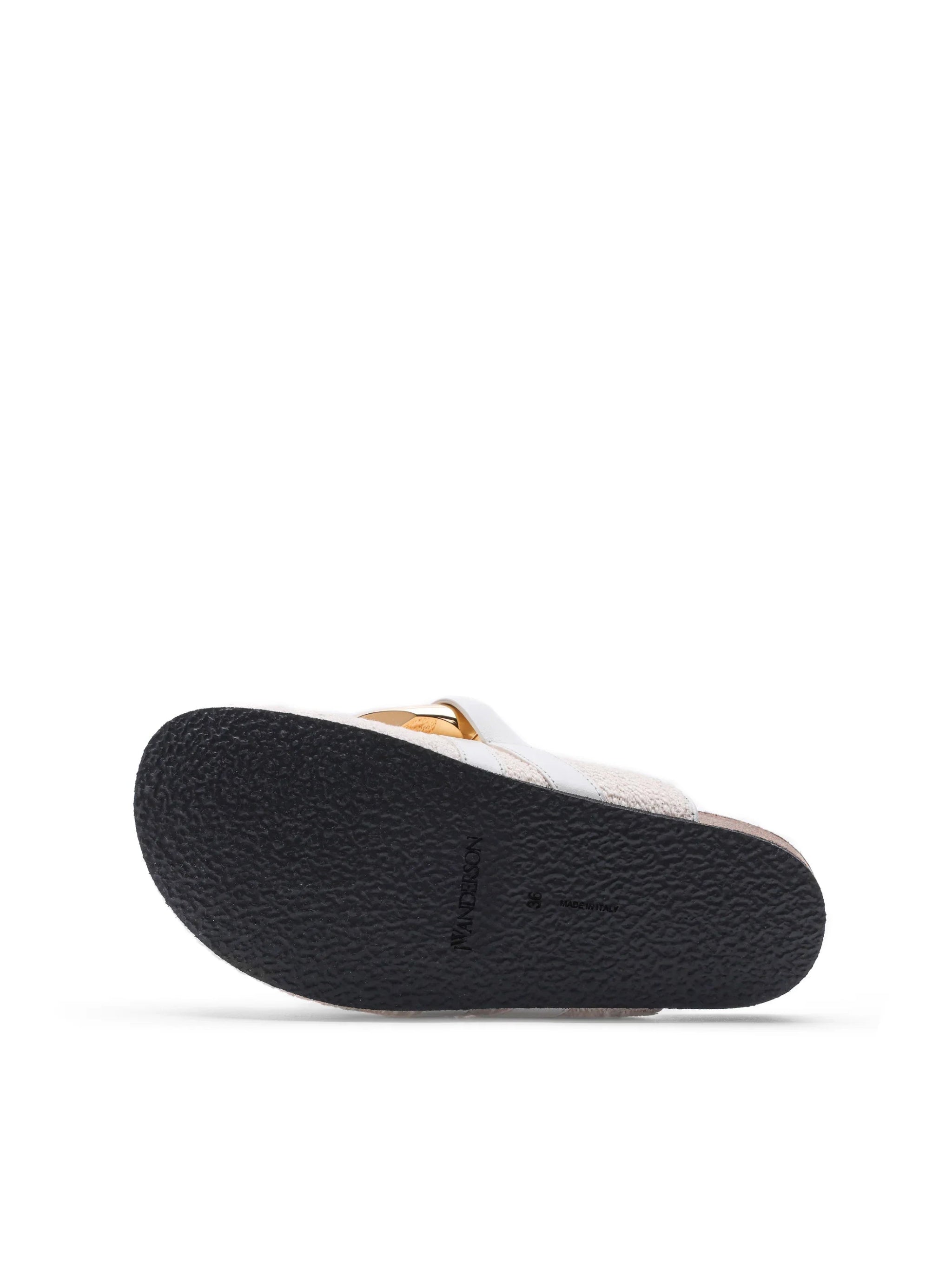 Sandal sole view with textured black rubber outsole and ivory upper straps on white background