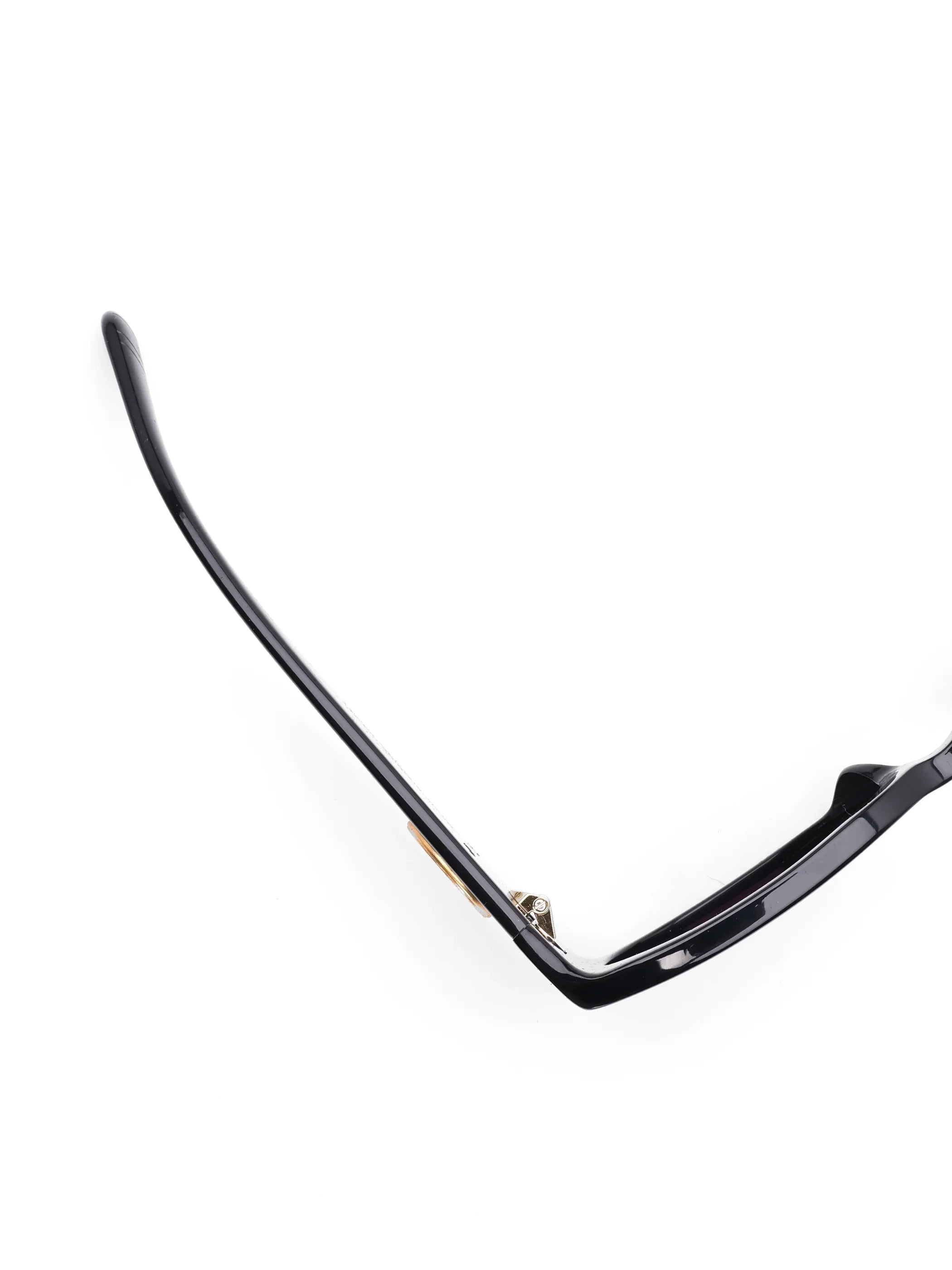 Close-up of black eyeglasses frame hinge and temple arm on white background