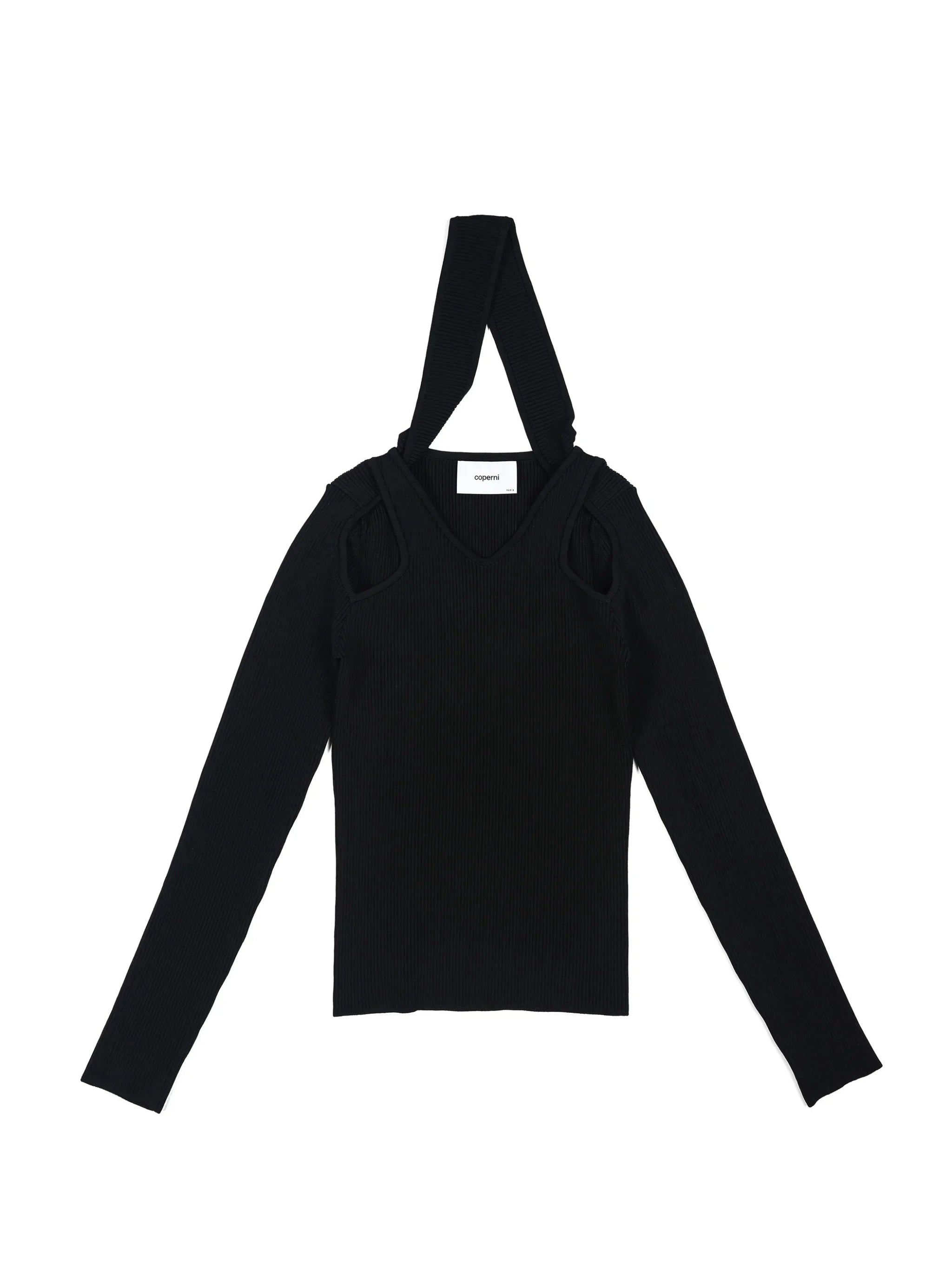 Black ribbed long-sleeve top with cut-out shoulder details and halter neck straps
