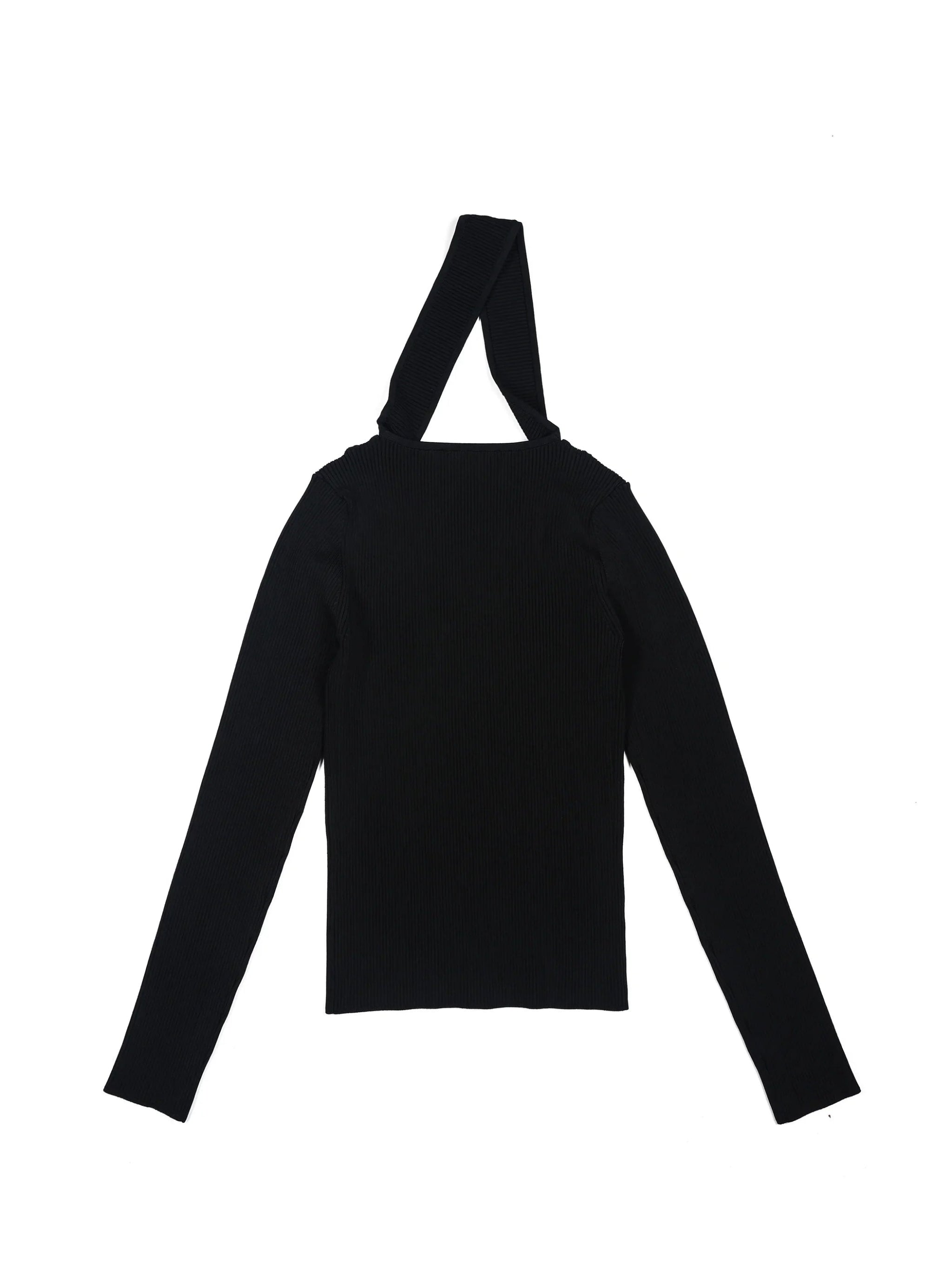 Black ribbed long sleeve top with unique crisscross halter neckline on white background