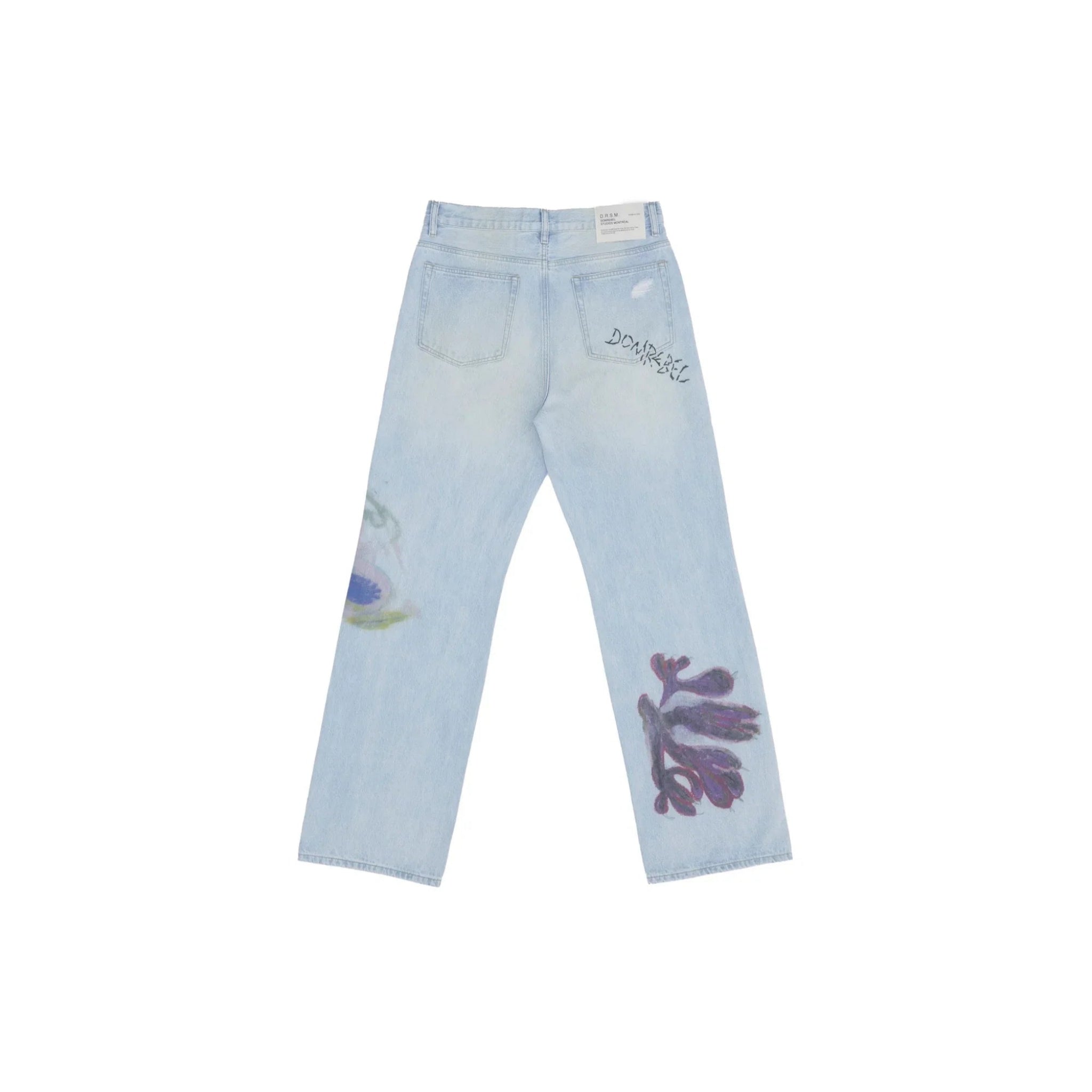 Light blue denim jeans with purple floral prints on legs and logo detail on back pocket