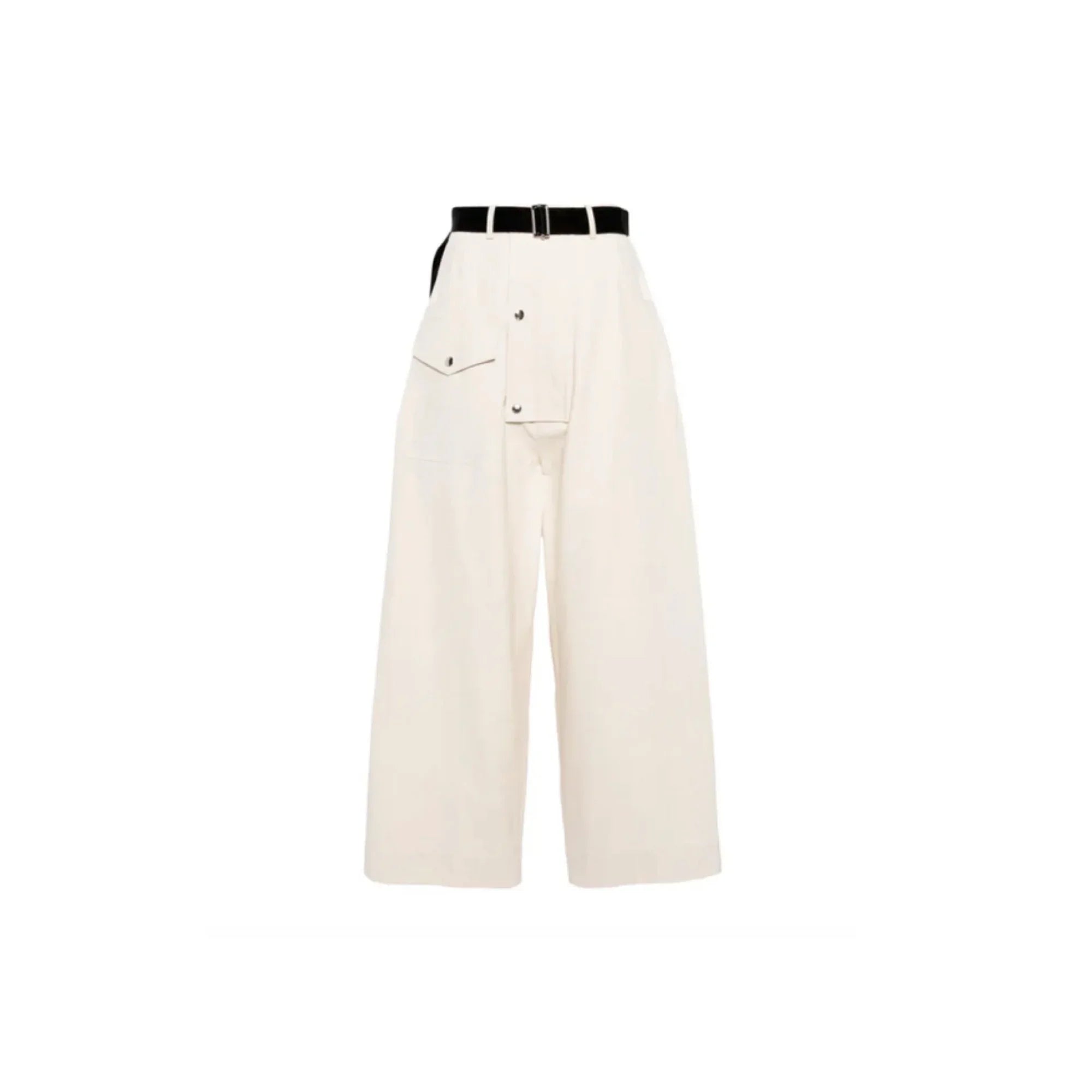 Wide-leg cream pants with asymmetrical flap pocket and black belt on white background