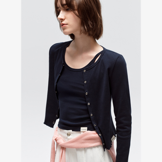 COTTON ROUND NECK CARDIGAN SLEEVELESS SET