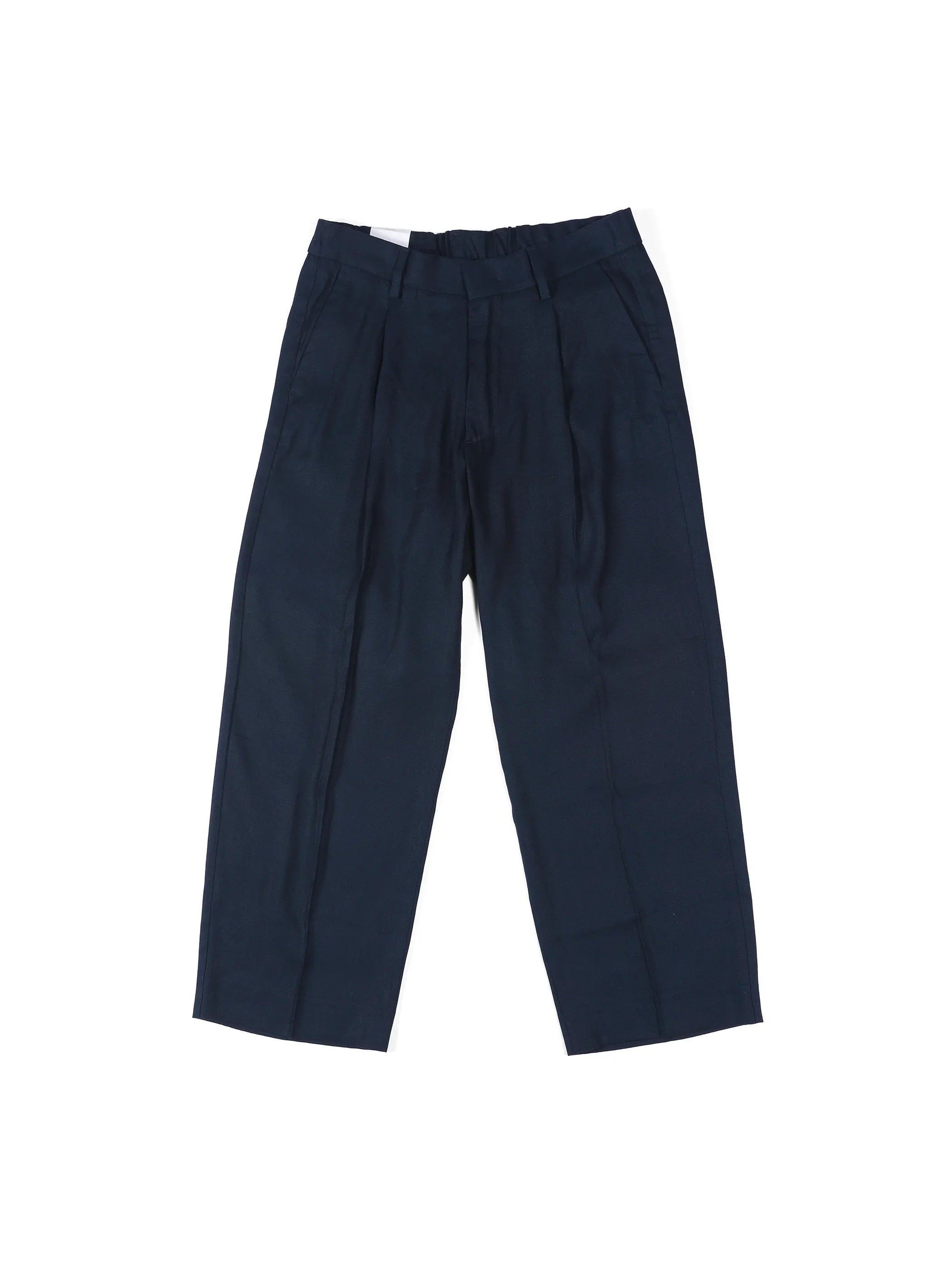 Dark navy blue pleated casual trousers with belt loops on white background