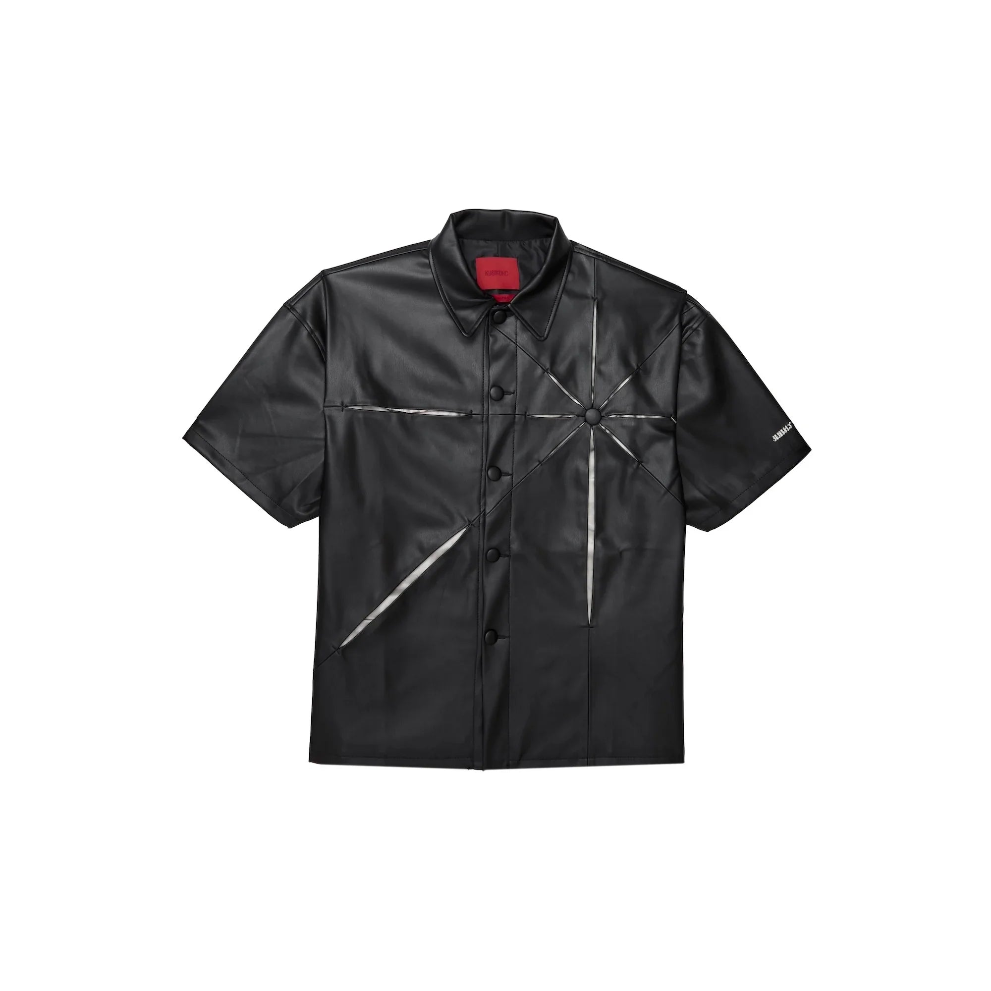 Black short-sleeve faux leather button-up shirt with radial seam design and collar