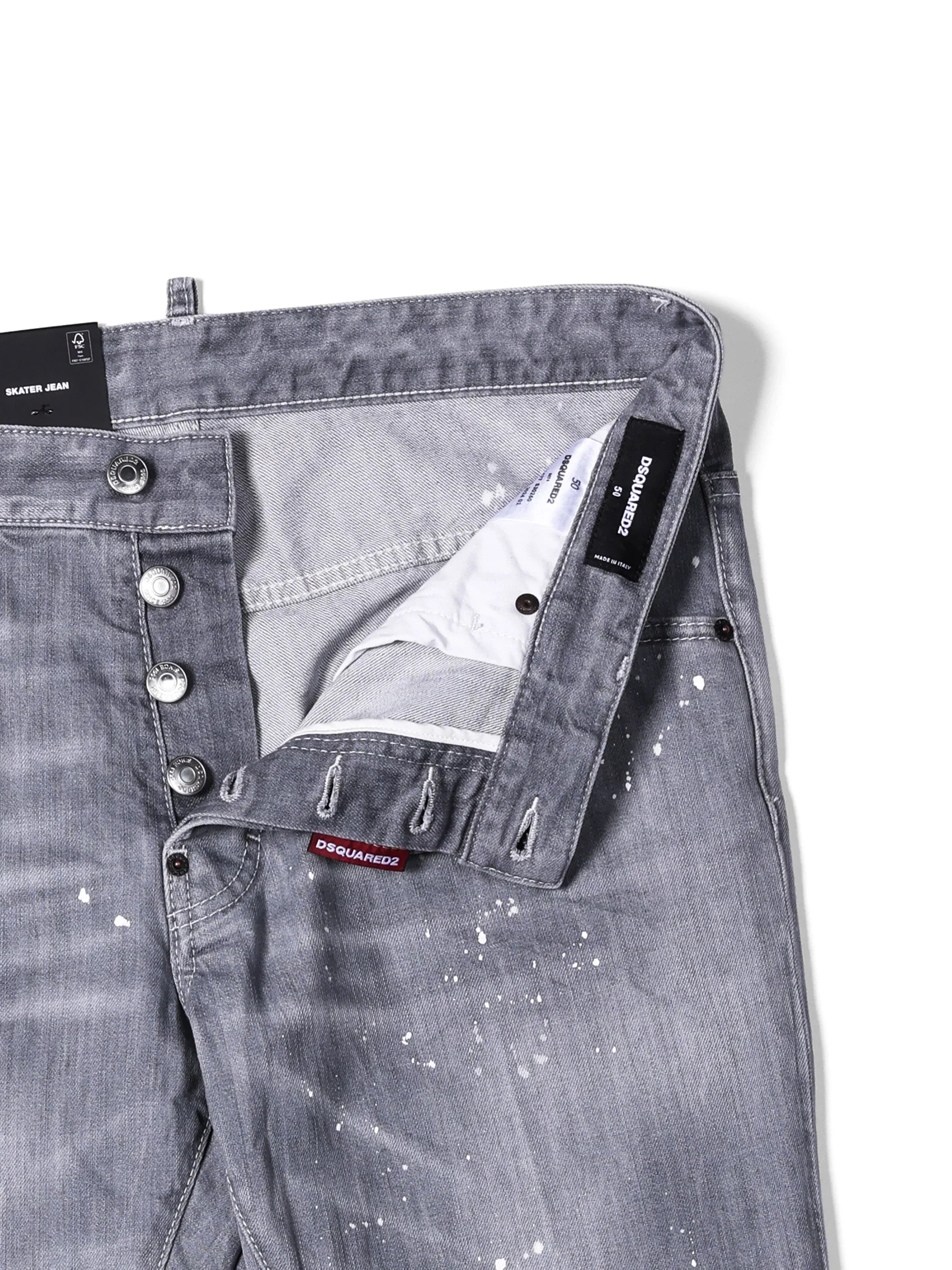 Grey DSQUARED2 skater jeans with paint splatter design and button fly detail