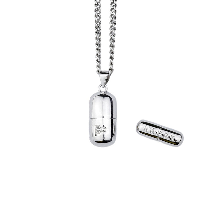 A silver necklace with a lobster clasp and a silver pendant that has 'PPC' logo engraving and the word 'Happy' engraved on it.