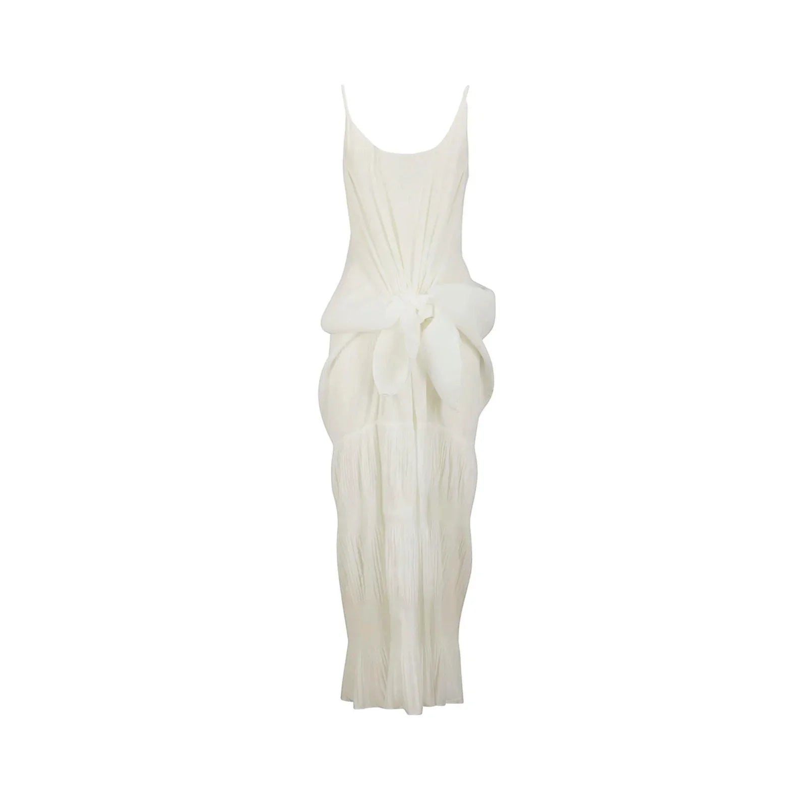 White long dress with knotted front detail and gathered fabric design