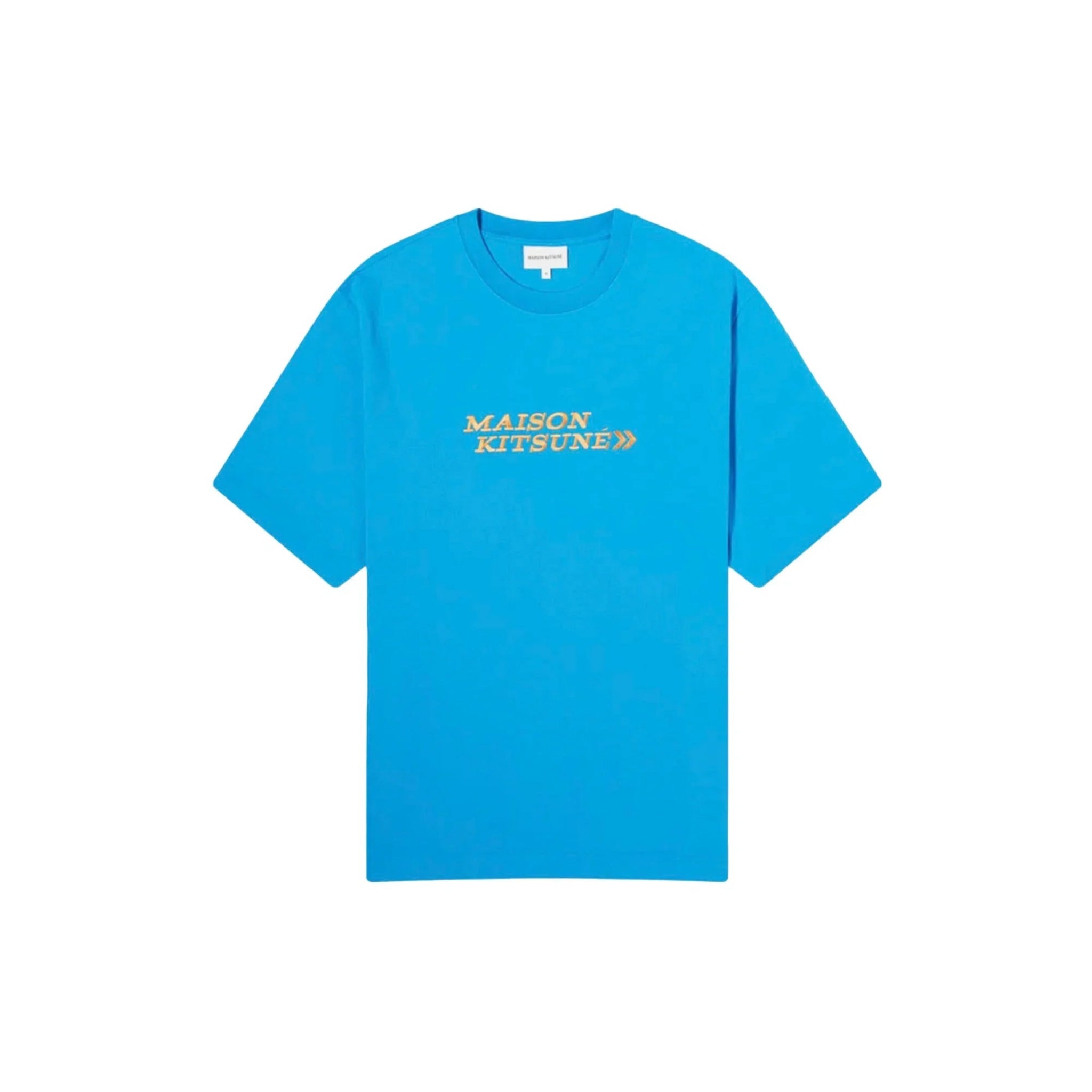 Bright blue Maison Kitsuné T-shirt with yellow logo text on front, short sleeves, crew neck