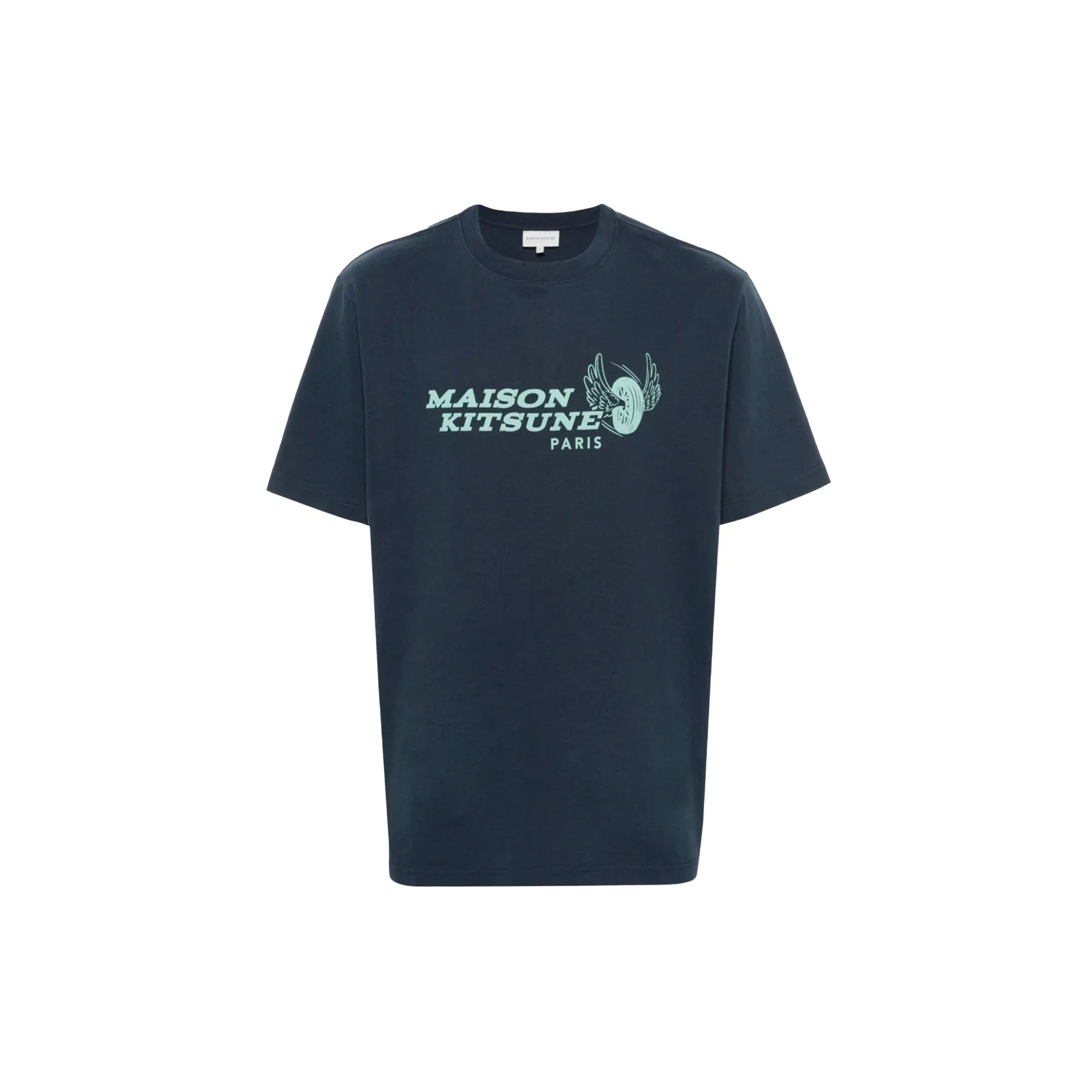 Navy Maison Kitsune Paris T-shirt with light blue winged wheel logo on chest