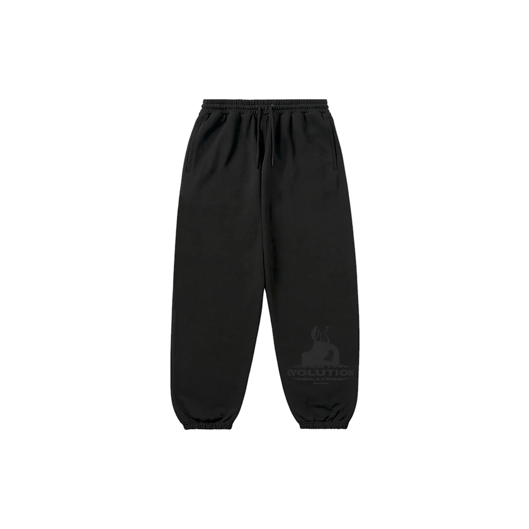 Black sweatpants with elastic cuffs and subtle Evolution graphic on left leg
