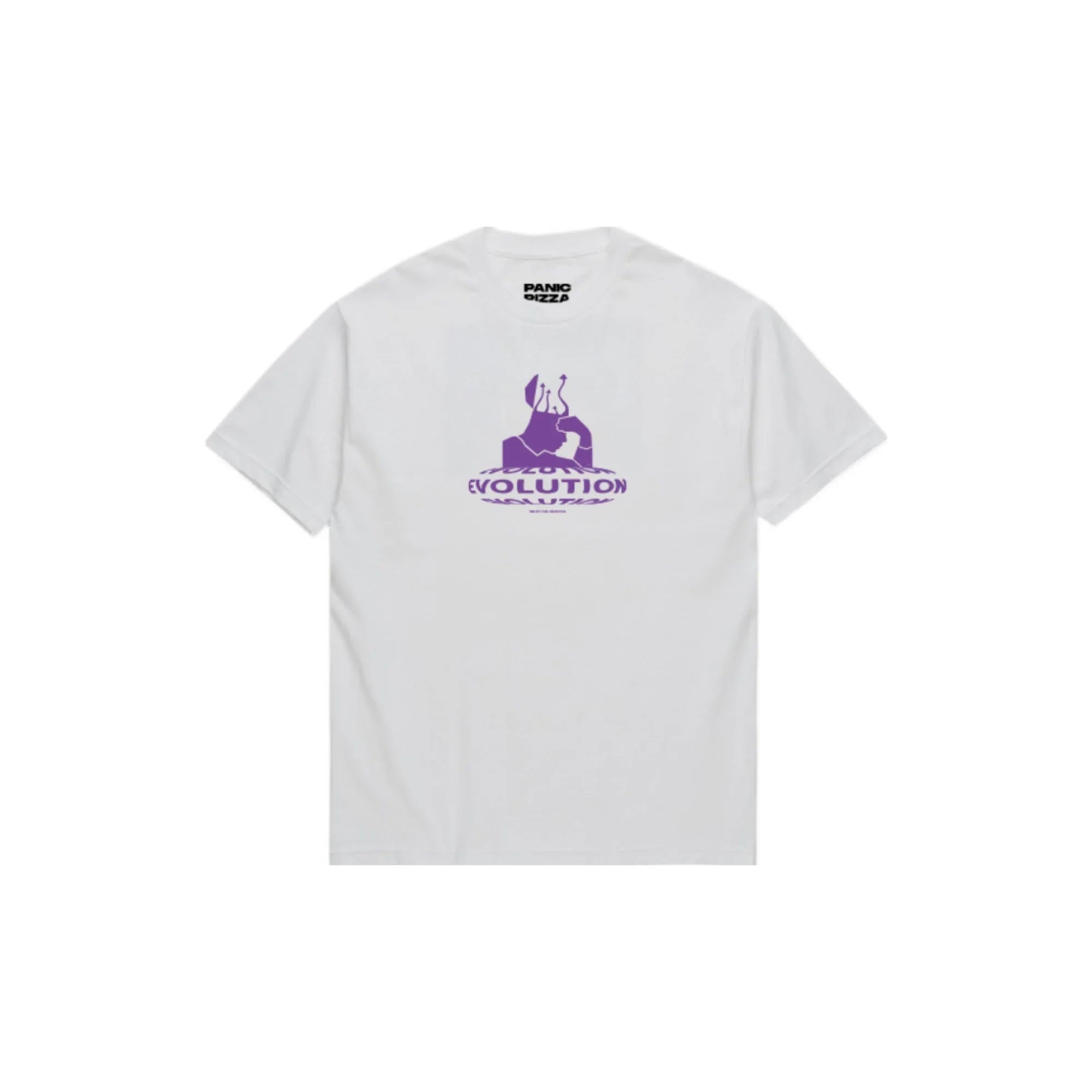 White Panic Pizza Club Evolution T-shirt with purple graphic design and text on front