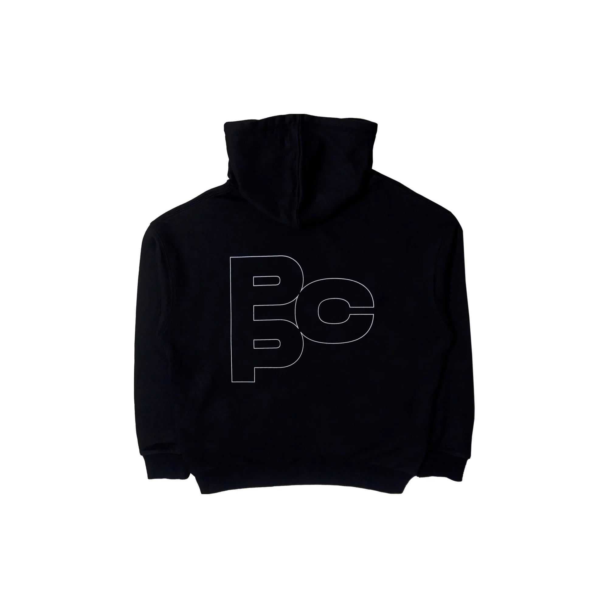 Black hoodie with large outlined PCP logo on the back, minimalist streetwear pullover