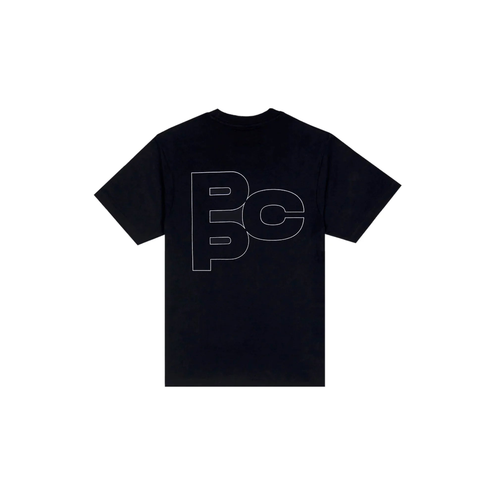 Black t-shirt with white outlined BPC logo graphic on the back, simple modern design