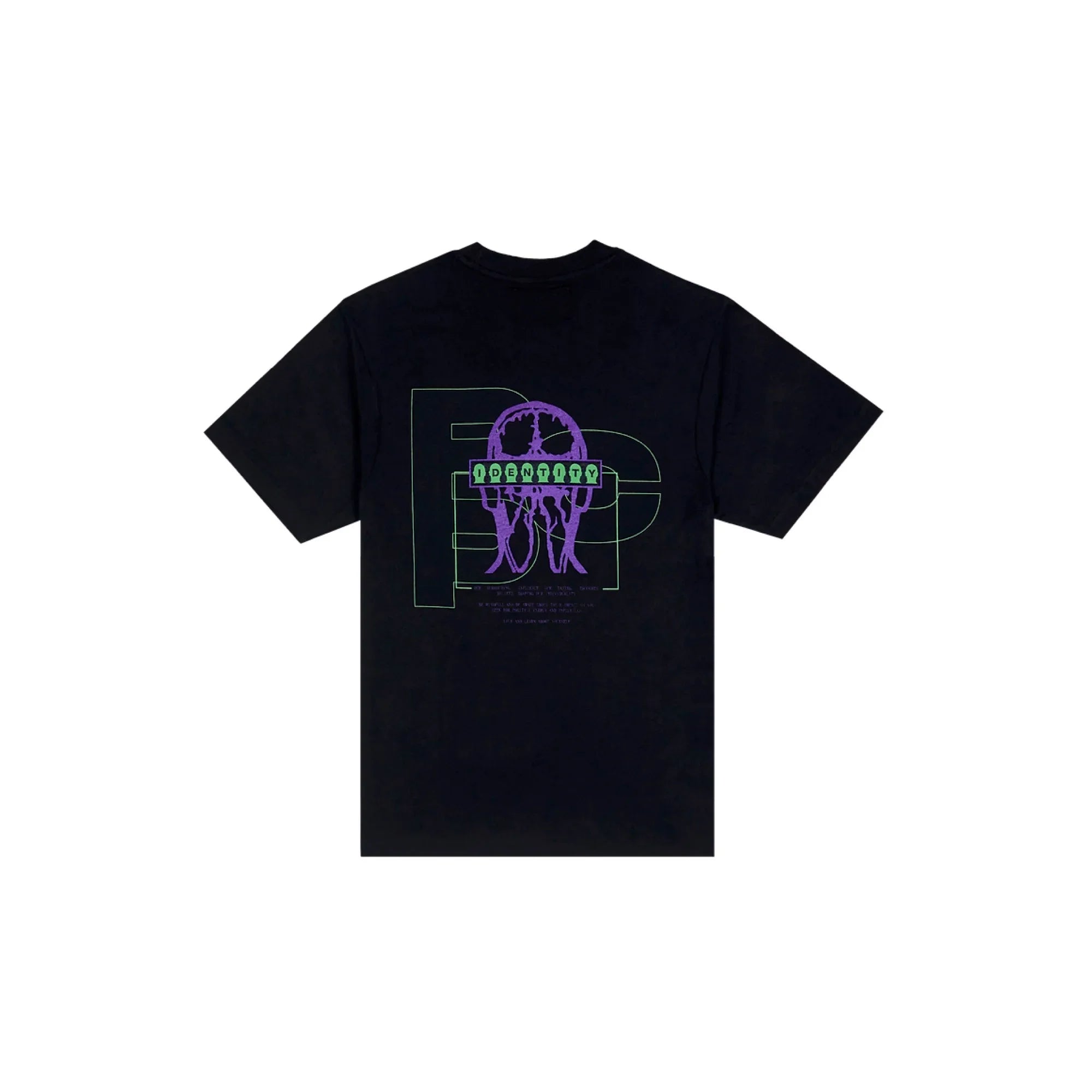 Black t-shirt with neon green 'IDENTITY' text and purple jellyfish graphic over large outlined letters on back