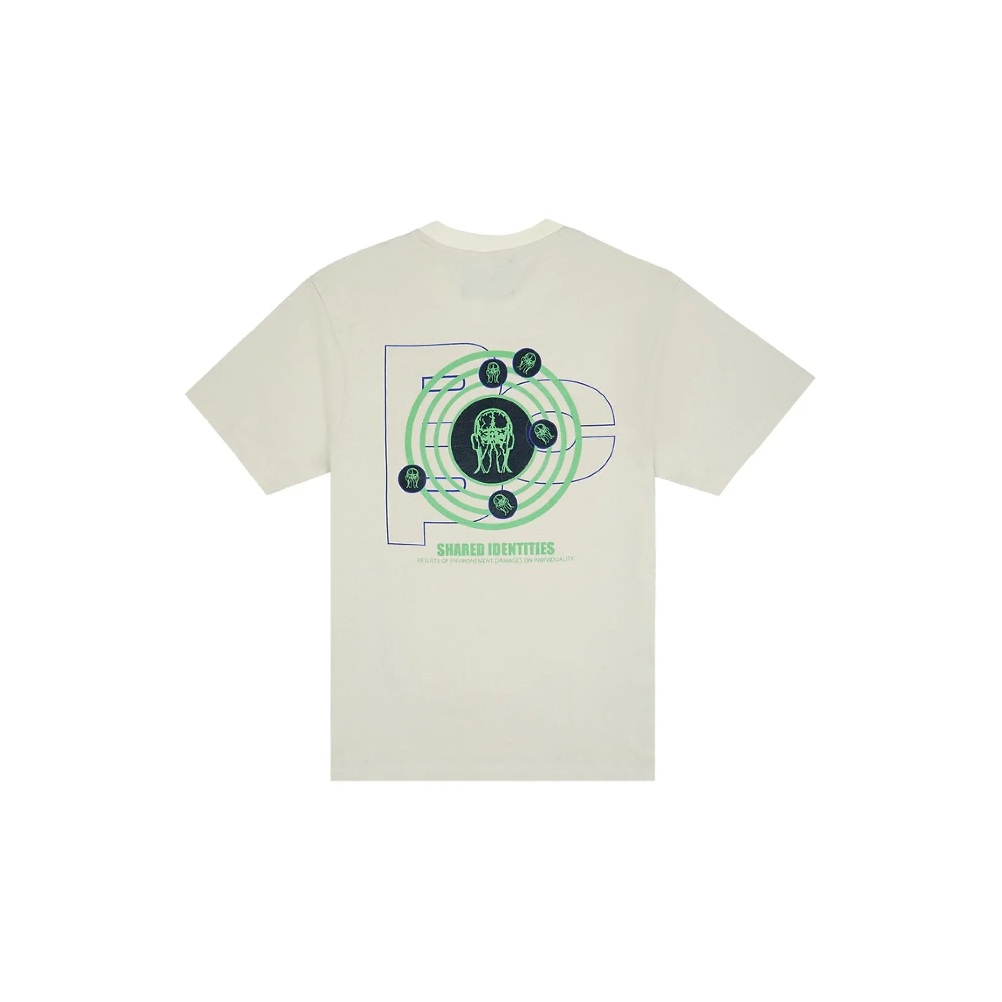 Cream white t-shirt with green and blue graphic design of jellyfish, text 'SHARED IDENTITIES' on back