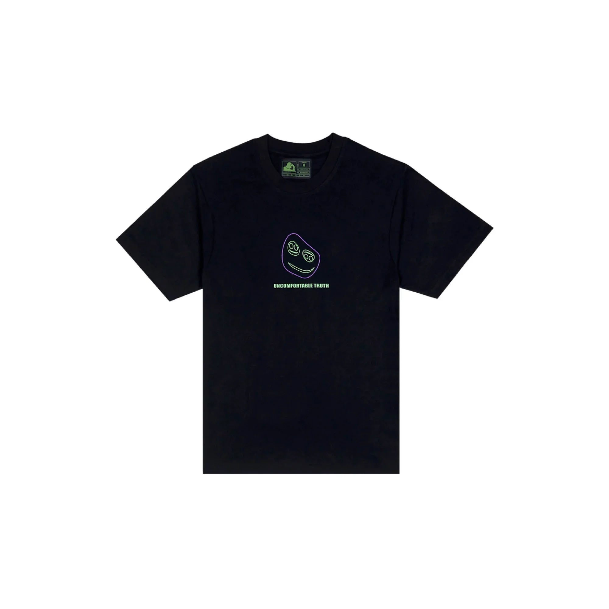 Black t-shirt with neon outline smiley face and green text reading 'Uncomfortable Truth' centered on front