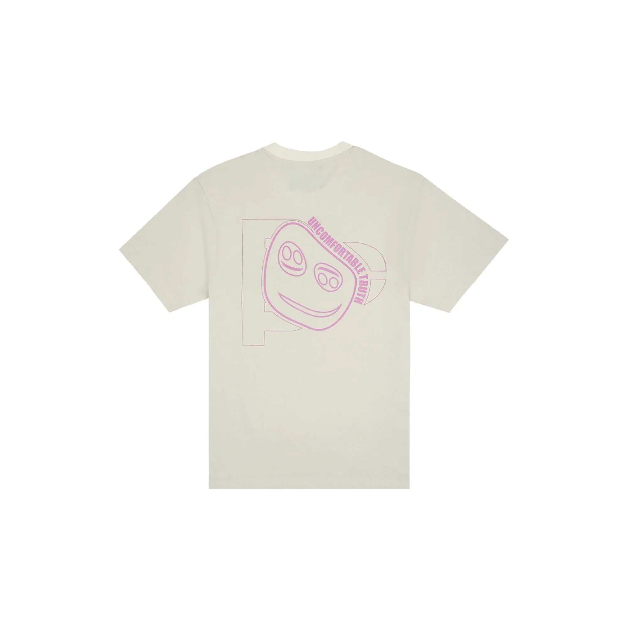 Off-white T-shirt with pink abstract smiley face and text 'UNCOMFORTABLE TRUTH' on back