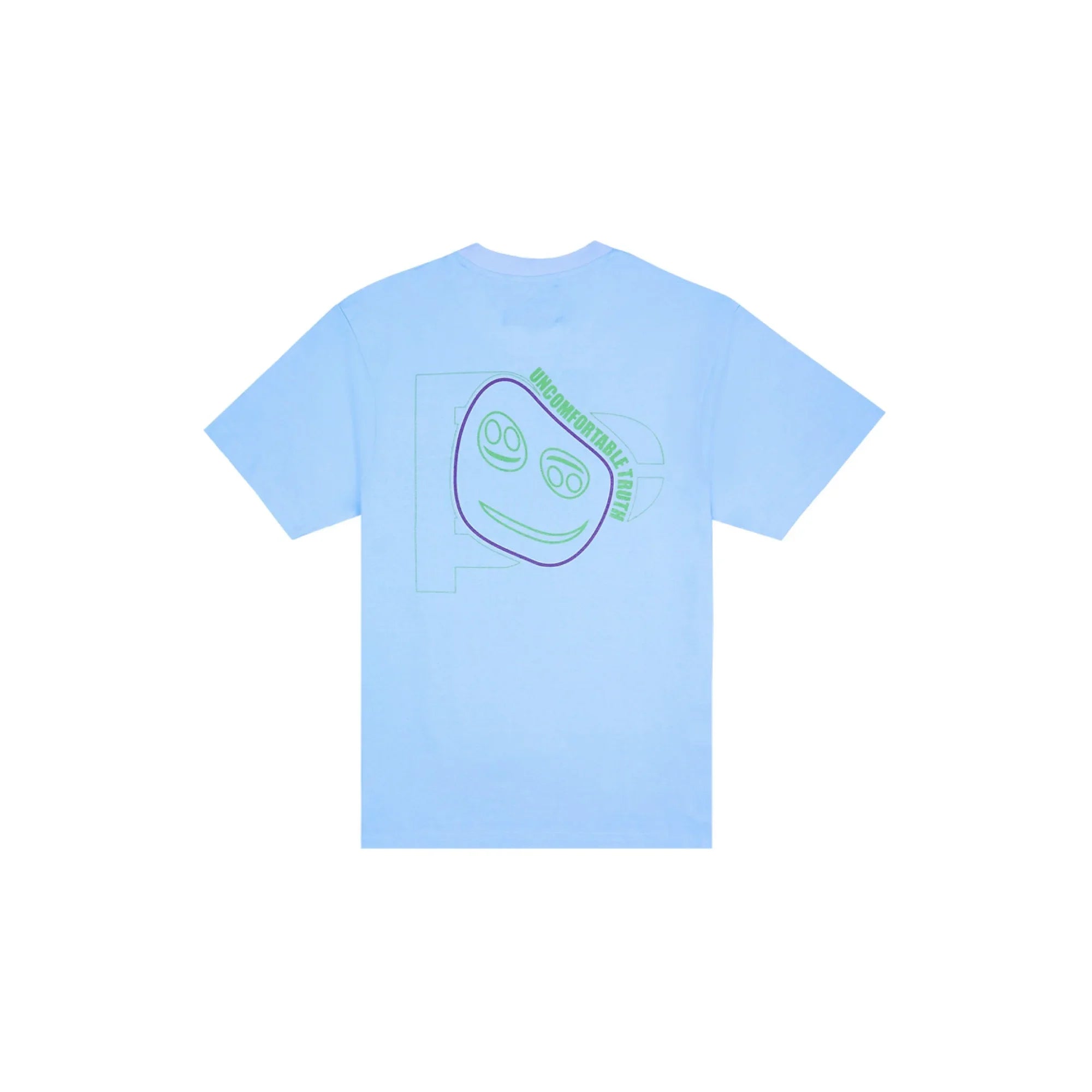 Light blue T-shirt with a stylized green and purple smiley face and text reading Uncomfortable Truth on back