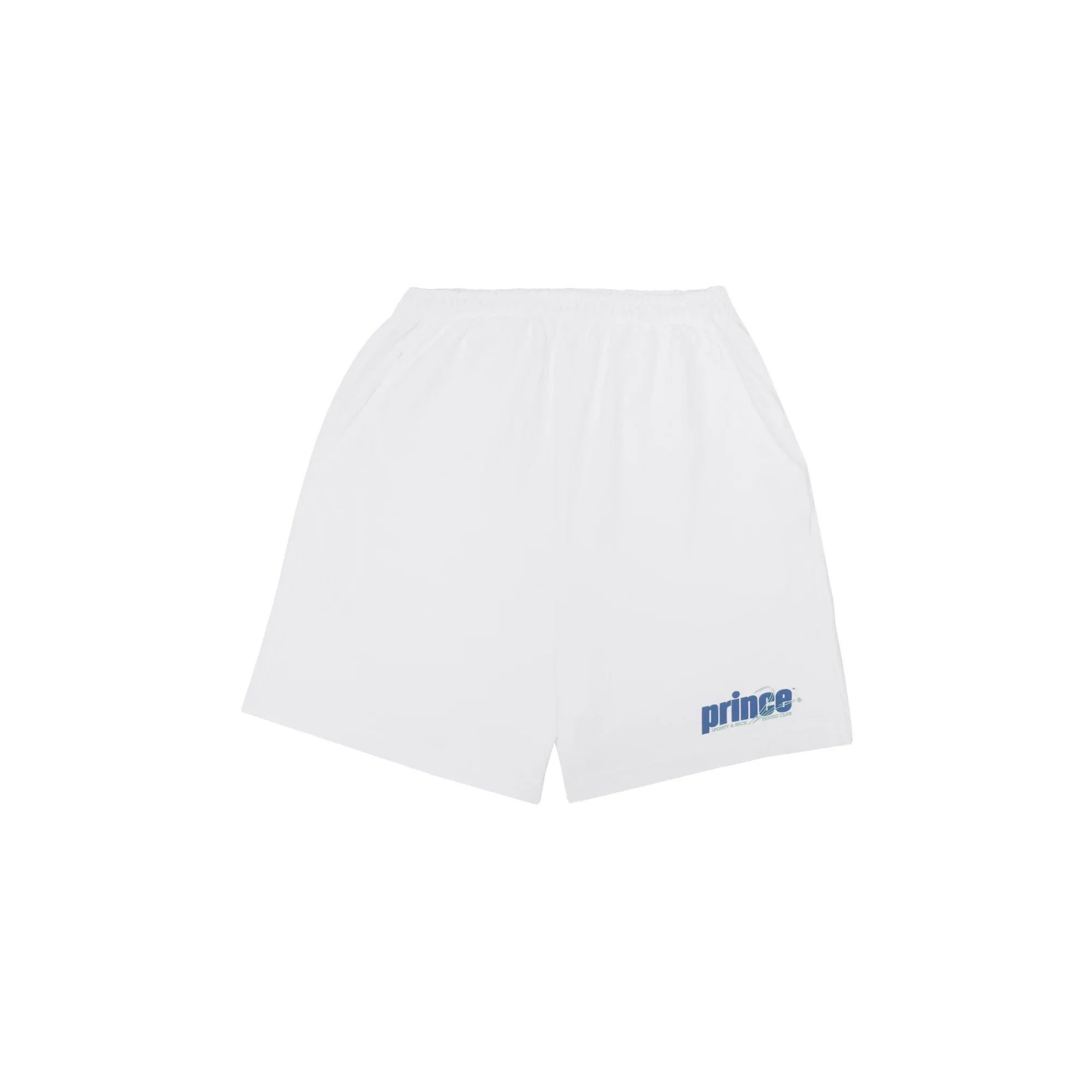 White Prince sports shorts with elastic waistband and logo on left leg