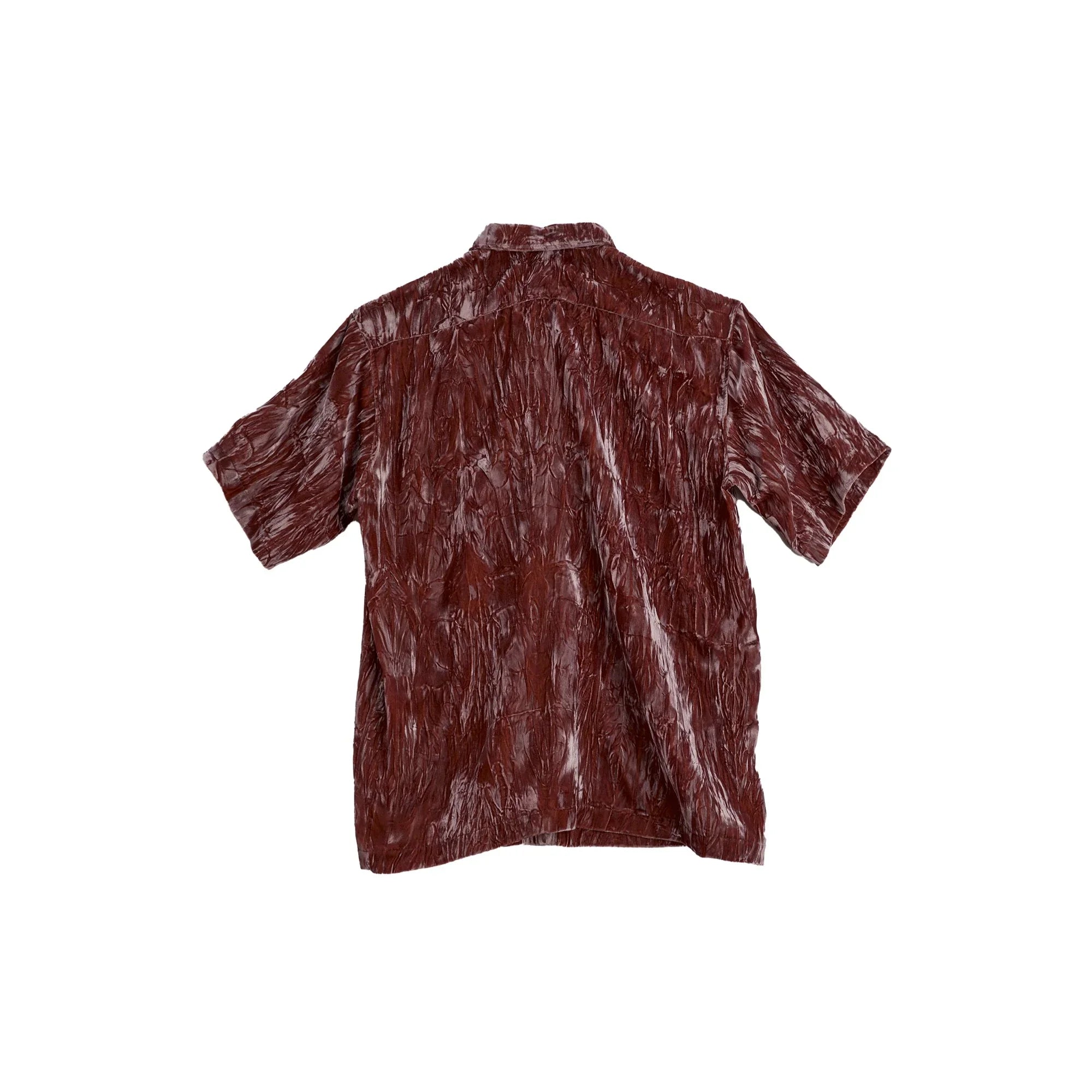 Back view of a short sleeve brown velvet shirt with a textured, crinkled finish