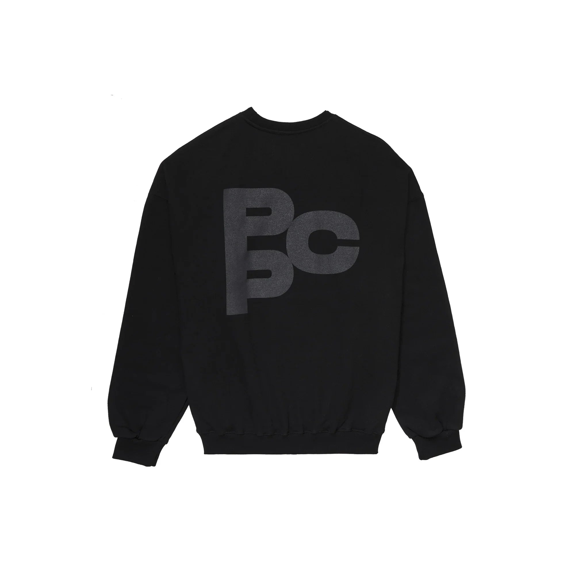 Black sweatshirt with large dark gray abstract PPC logo on the back