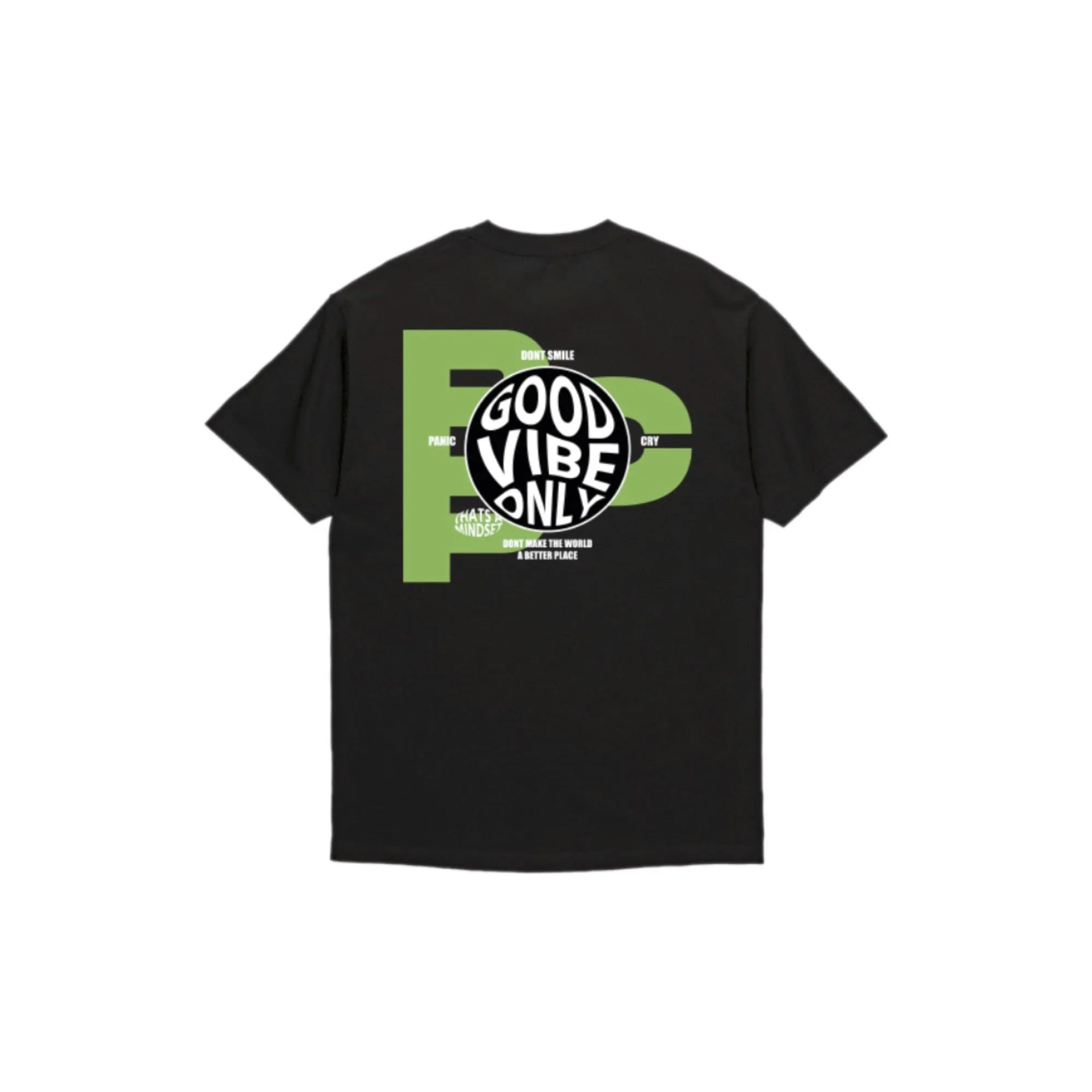 Black T-shirt with green big letters BG and circular text 'Good Vibe Only' on the back