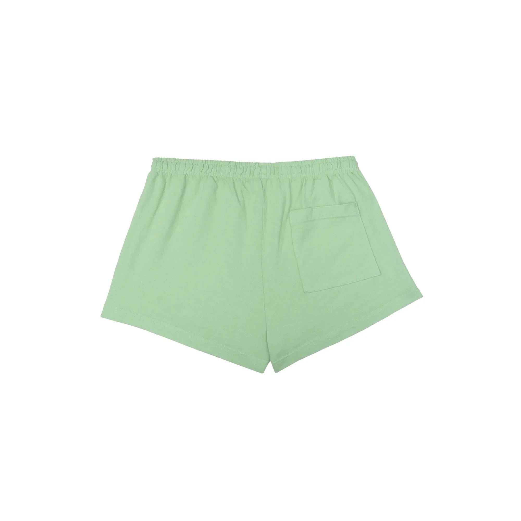 Light green casual shorts with elastic waistband and back pocket on white background