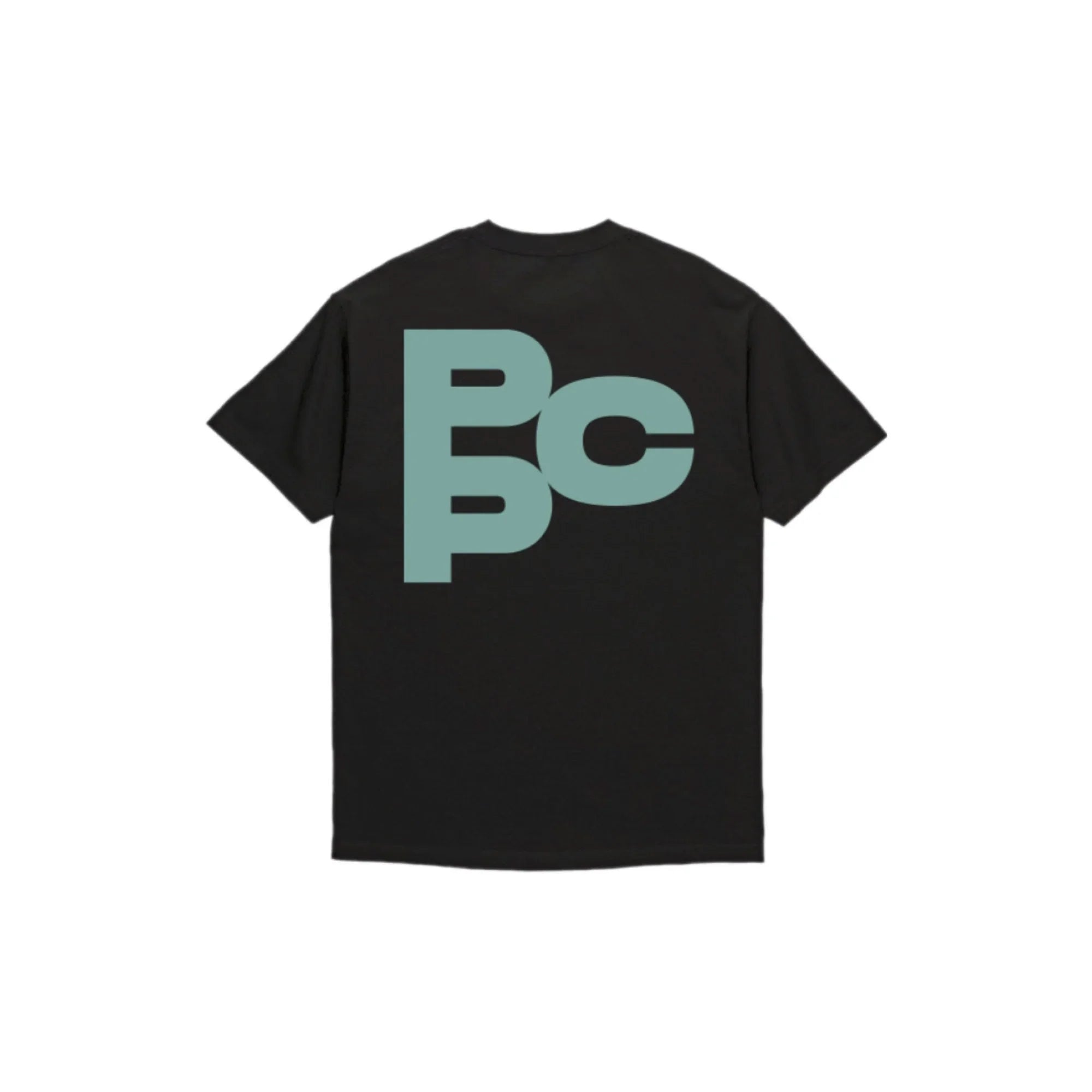 Black t-shirt with large light blue bold Pcp logo graphic on the back