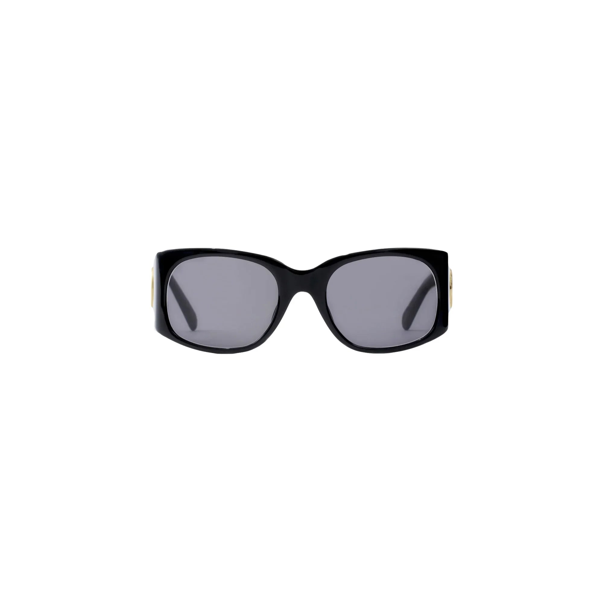 Black rectangular frame sunglasses with dark tinted lenses on white background