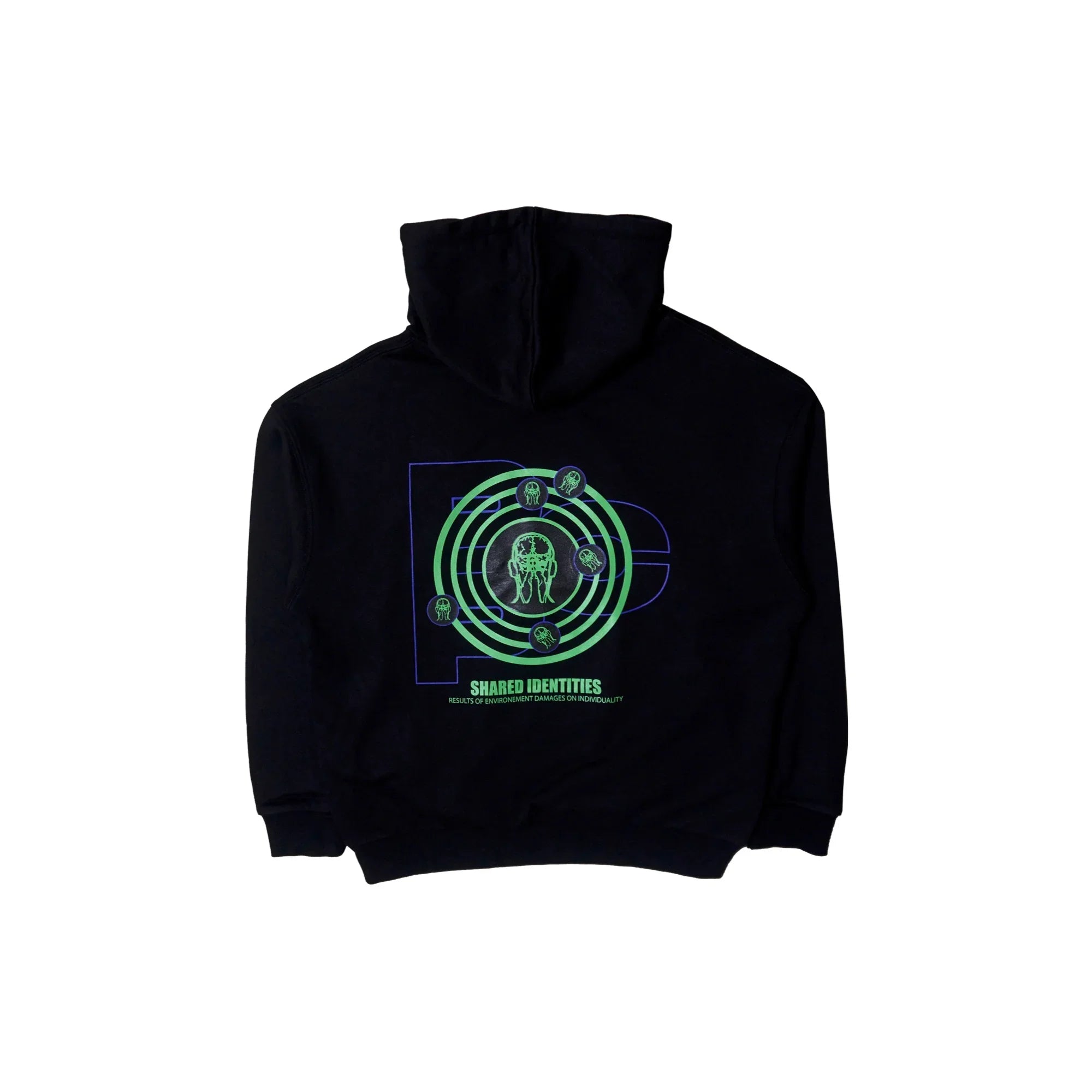 Black hoodie with green and blue circular graphic and text 'Shared Identities' on back