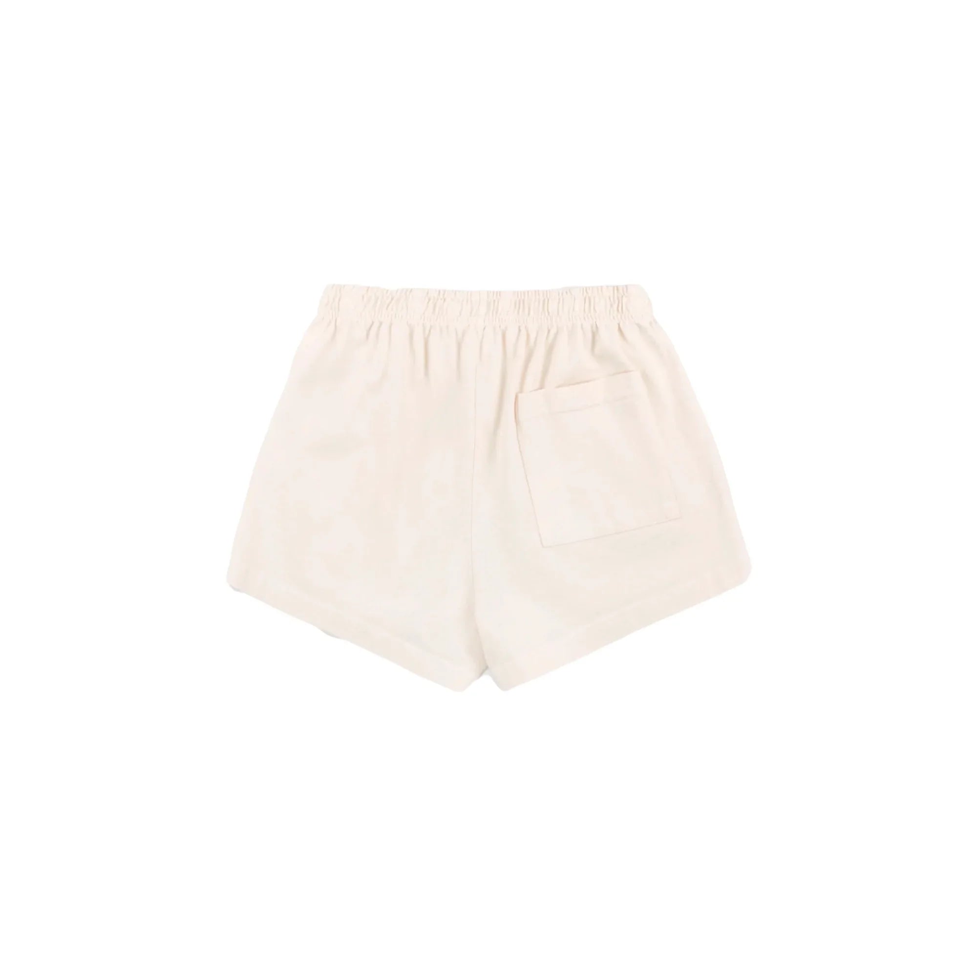 Beige casual elastic waist shorts with back pocket on white background