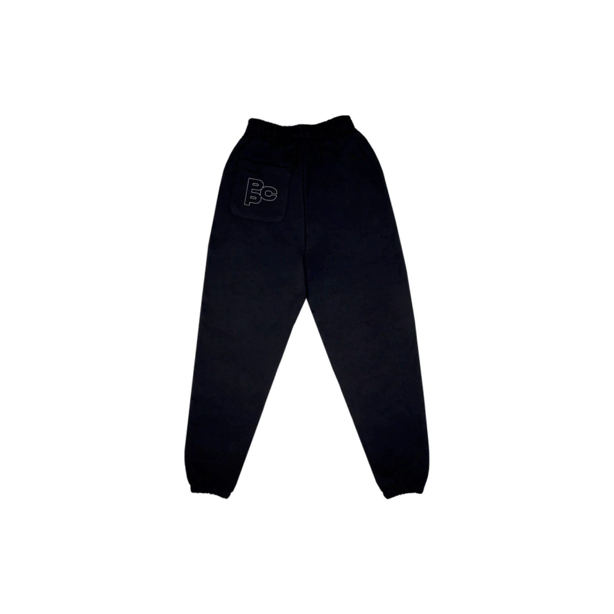 Black sweatpants with elastic cuffs and a back pocket featuring a white embroidered logo