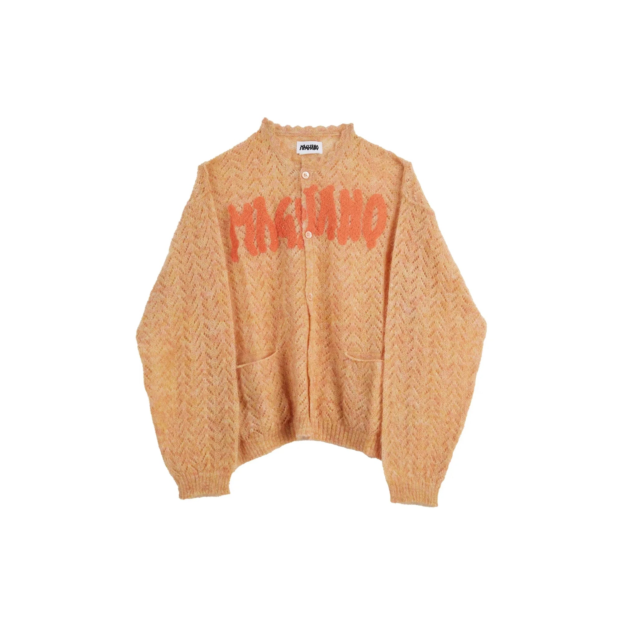 Orange textured knit cardigan with buttons and red 'MAGLIANO' logo across chest