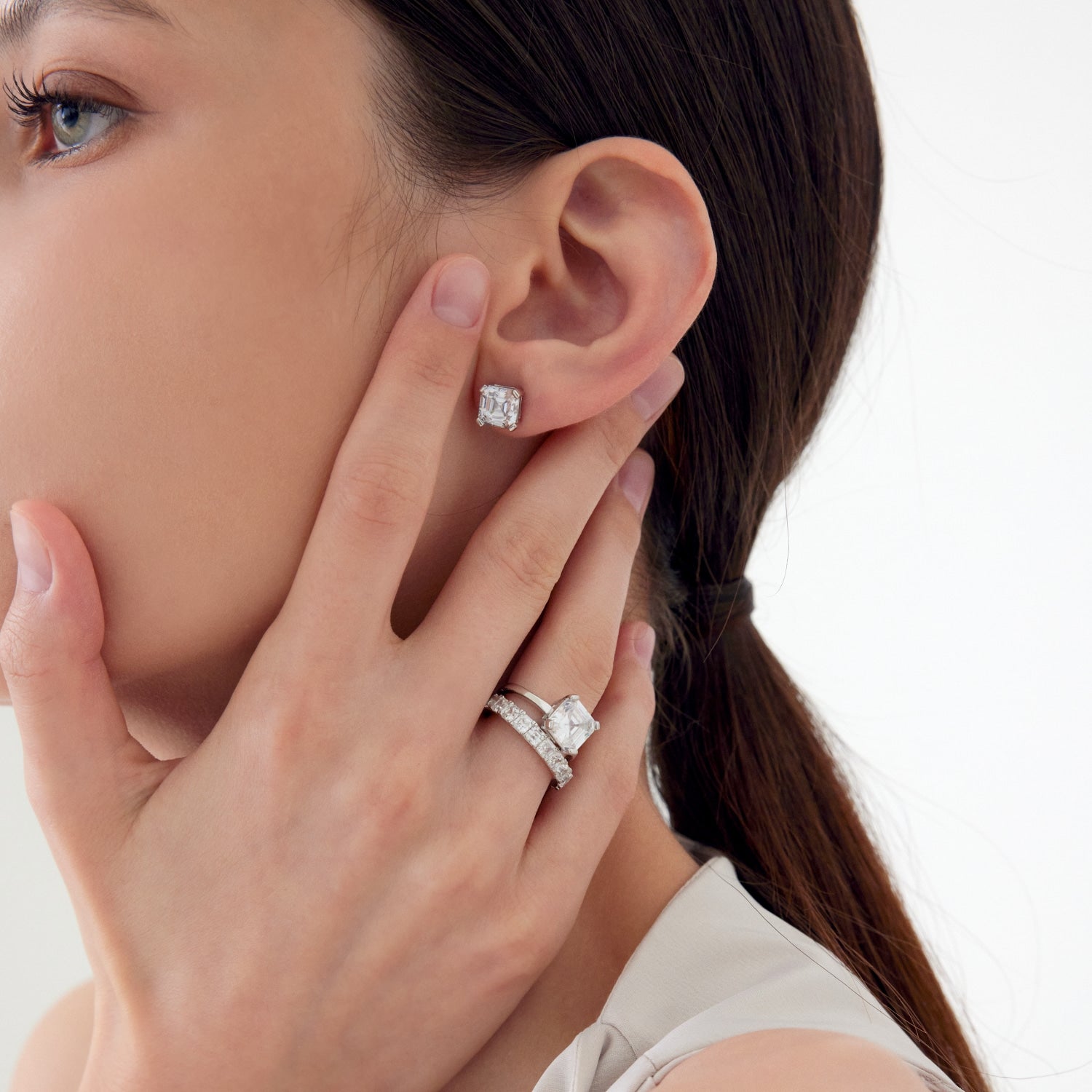 MSGRN Asscher Stud Earrings Rhodium plated 925 Silver-3