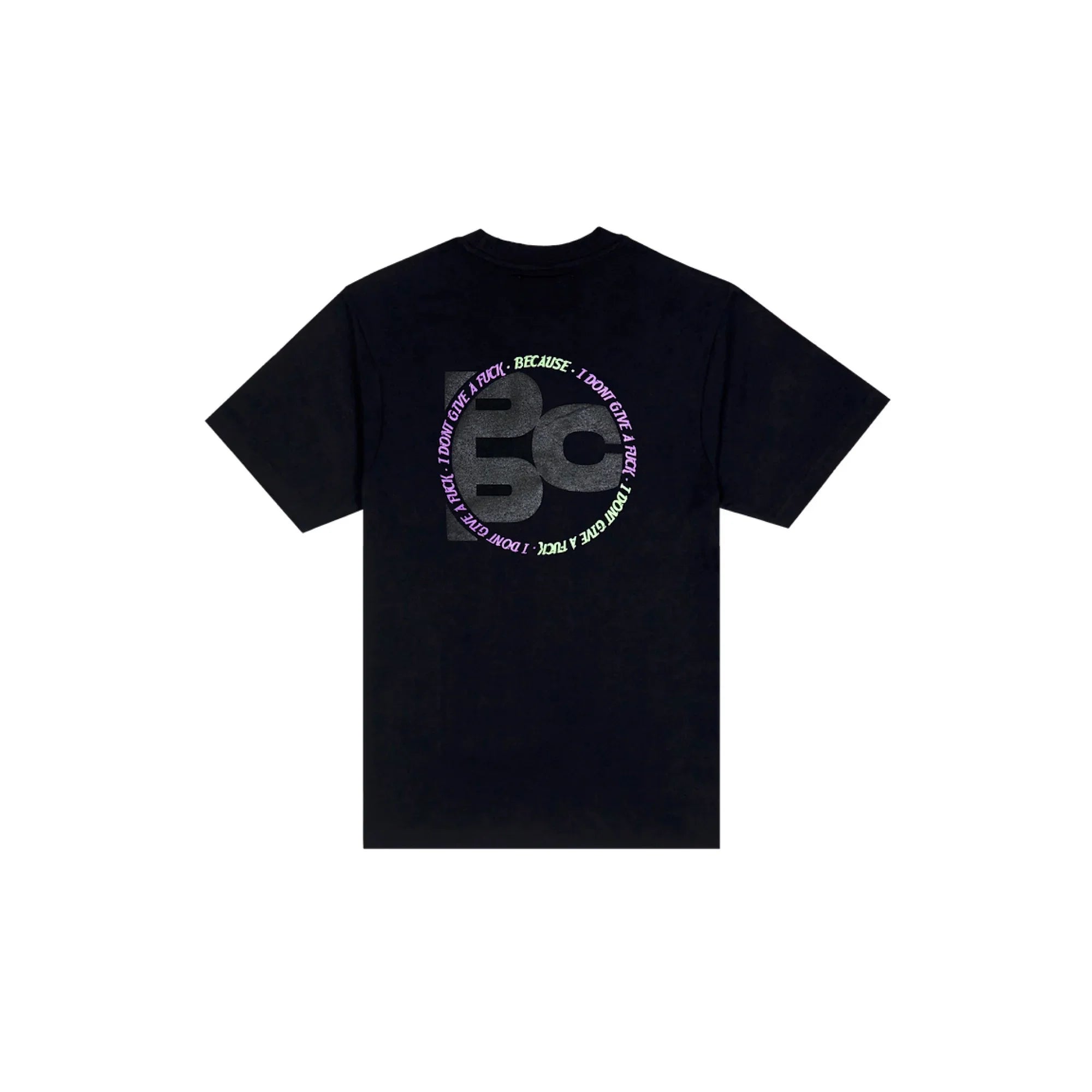 Black t-shirt with multicolor circular text graphic saying 'I don't give a fuck' around large gray 206 design
