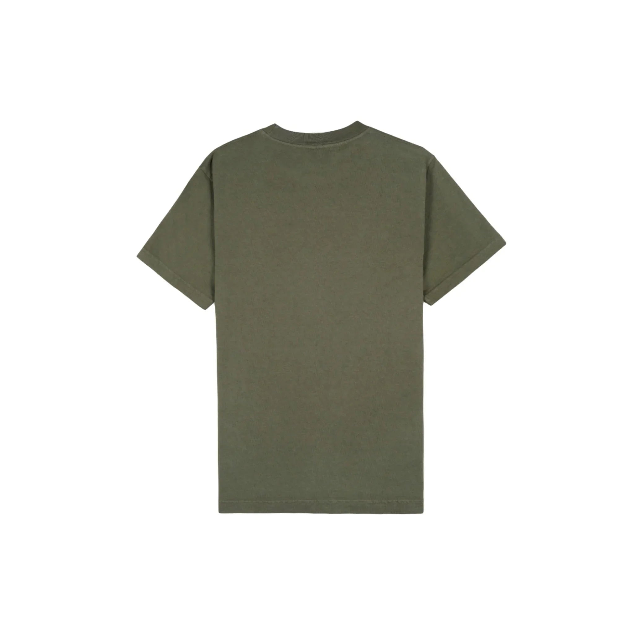 Back view of plain olive green short sleeve cotton t-shirt on white background