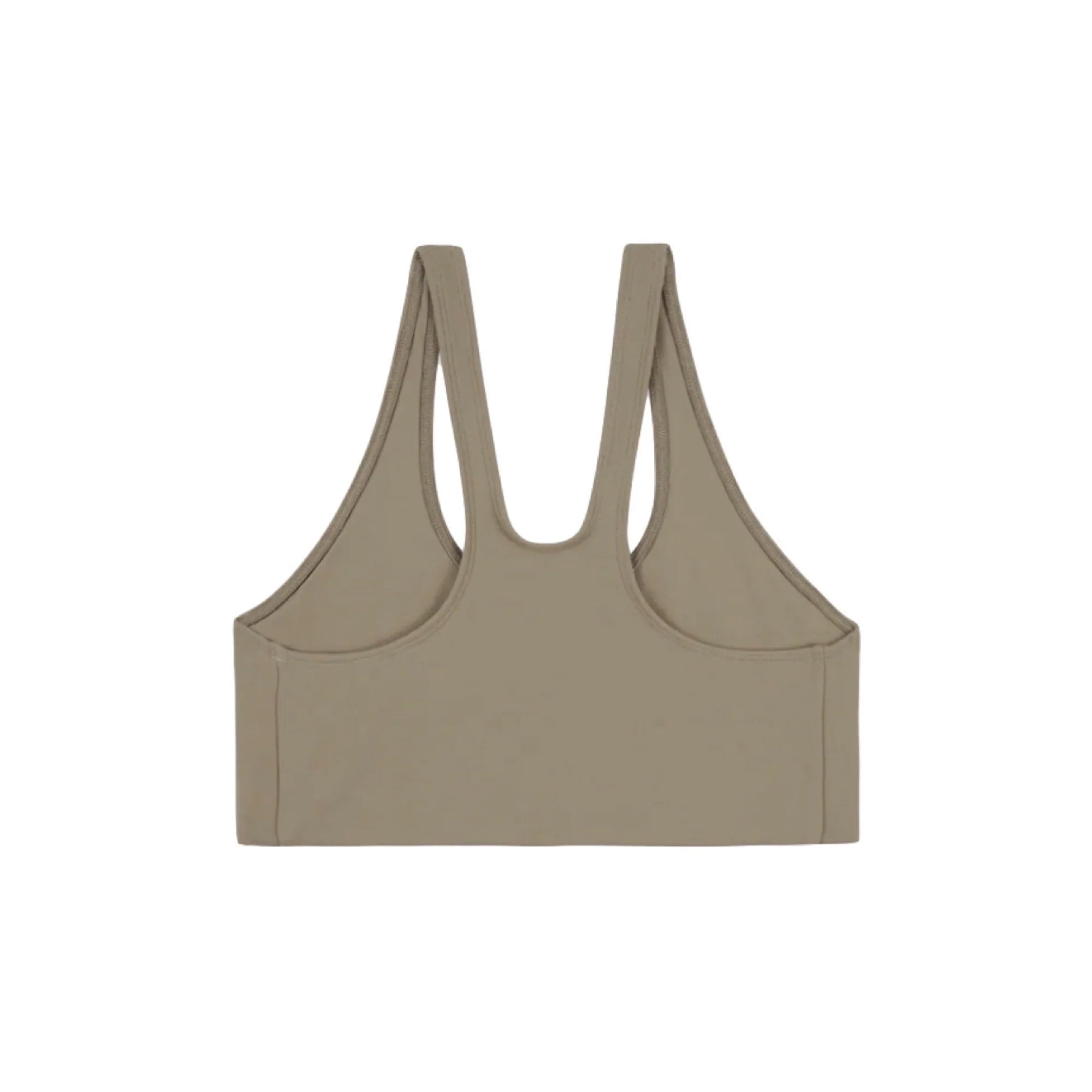Taupe seamless racerback sports bra with wide supportive straps on white background