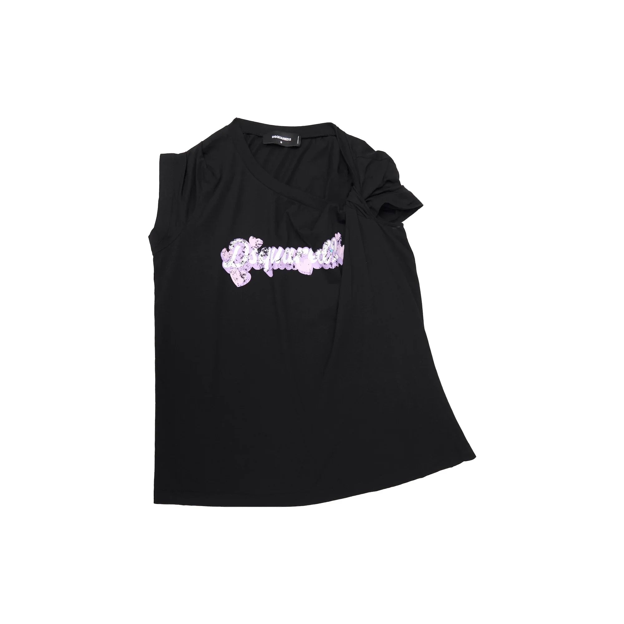 Black Dsquared2 sleeveless t-shirt with pink floral logo and side bow detail