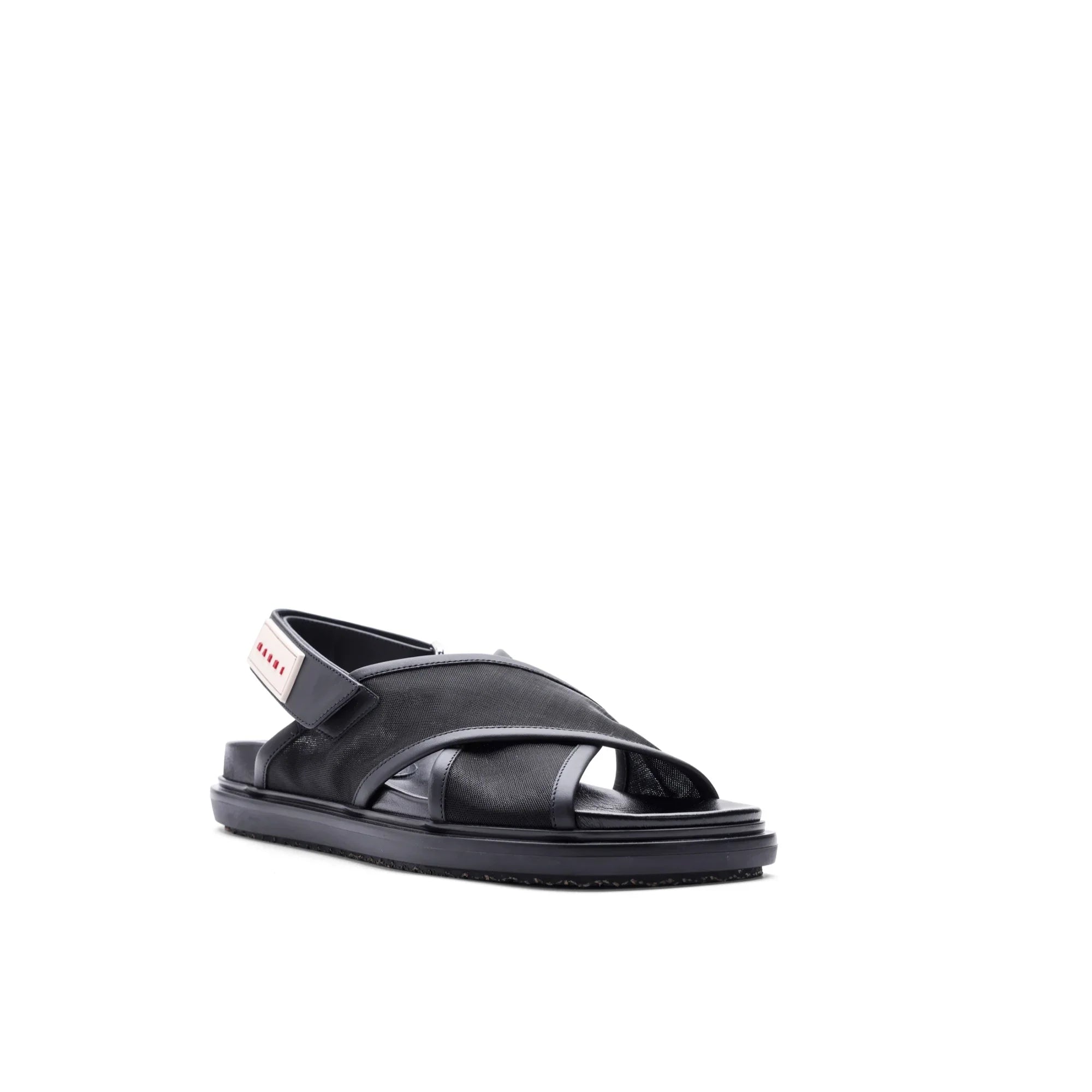 Modern black men's sandal with cross straps and a back strap on white background