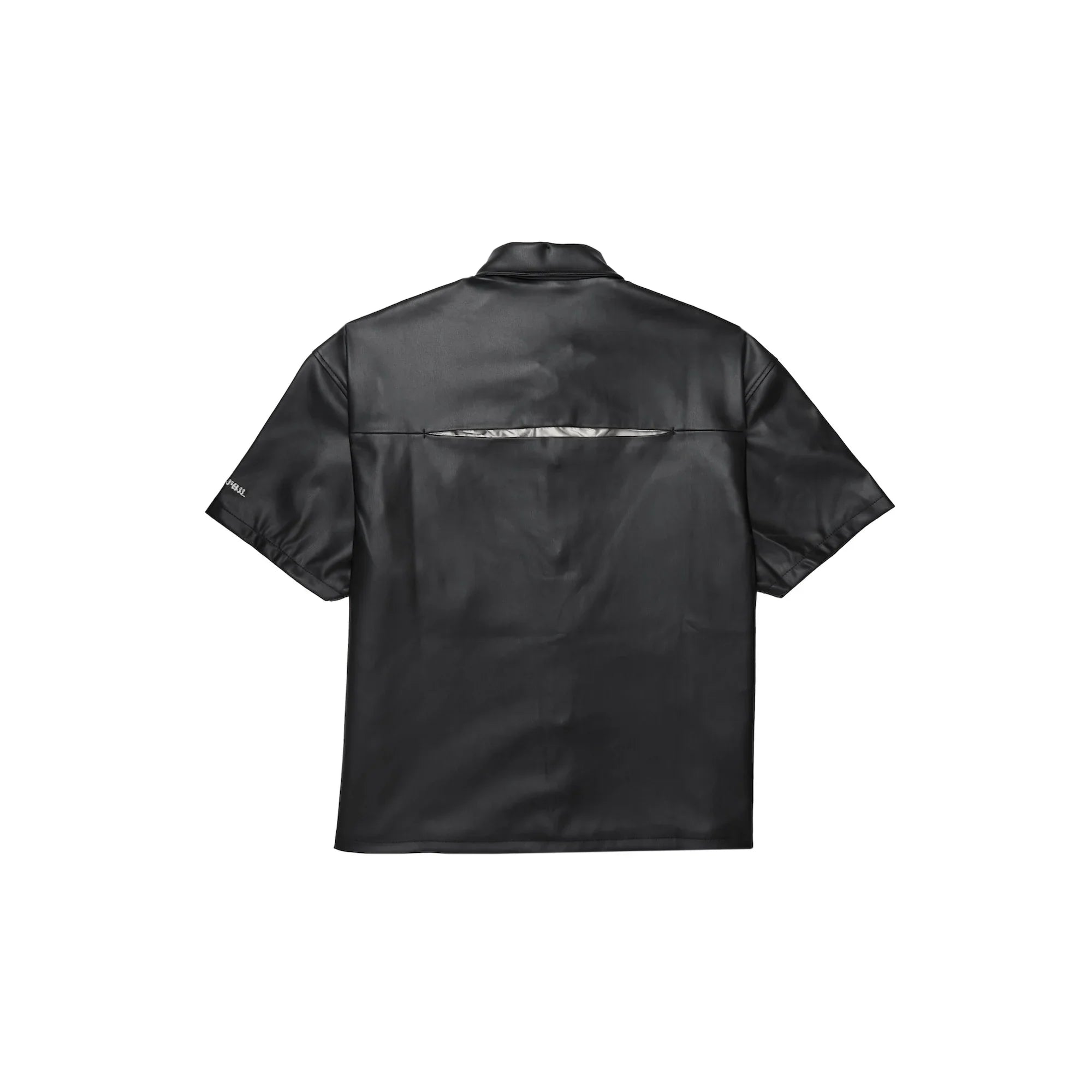 Back view of black short-sleeve leather shirt with vent detail on upper back