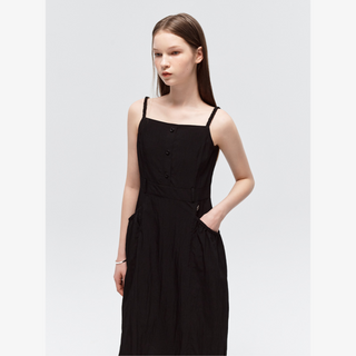 POCKET SHIRRING SLEEVELESS LONG DRESS